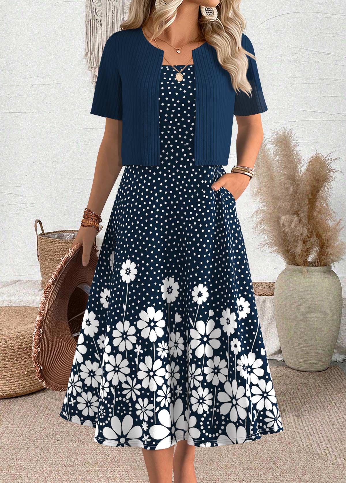 Navy dresses,Dot dresses,Everyday dresses,Casual dresses,ROTITA Polka Dot Navy Round Neck Dress and Cardigan
