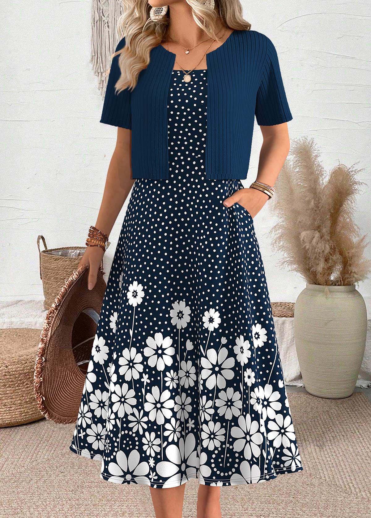 Navy dresses,Dot dresses,Everyday dresses,Casual dresses,ROTITA Polka Dot Navy Round Neck Dress and Cardigan