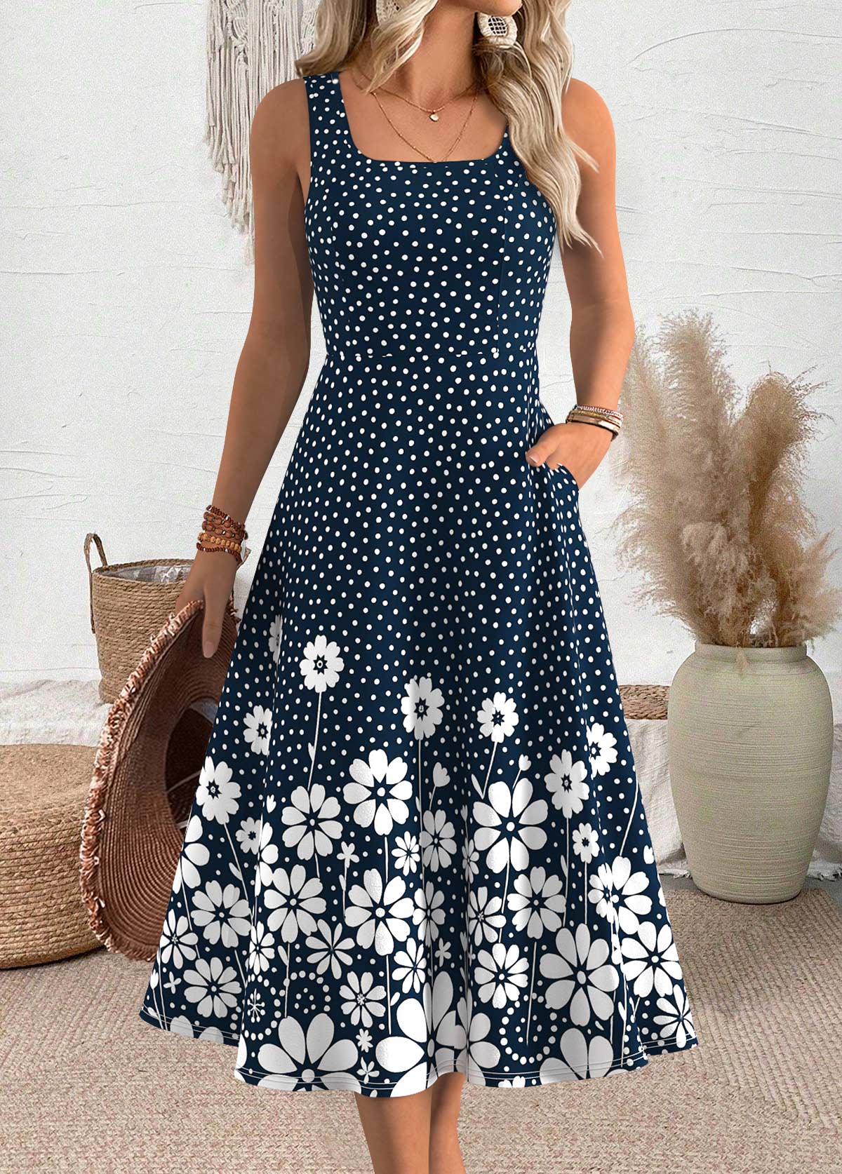Navy dresses,Dot dresses,Everyday dresses,Casual dresses,ROTITA Polka Dot Navy Round Neck Dress and Cardigan