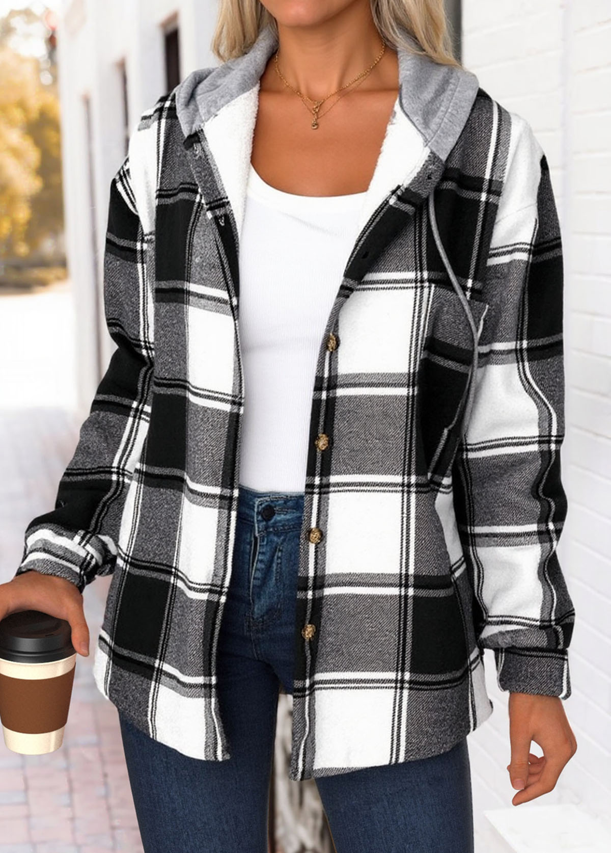 Black tops,Plaid tops,Geometric tops,ROTITA Tummy Coverage Plaid Black Hooded Long Sleeve Track Jacket