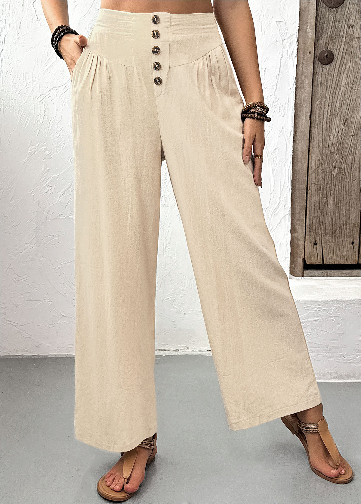 Light Camel bottoms,Plain Color bottoms,Light Camel Straight Leg Elastic Waist High Waisted Pants
