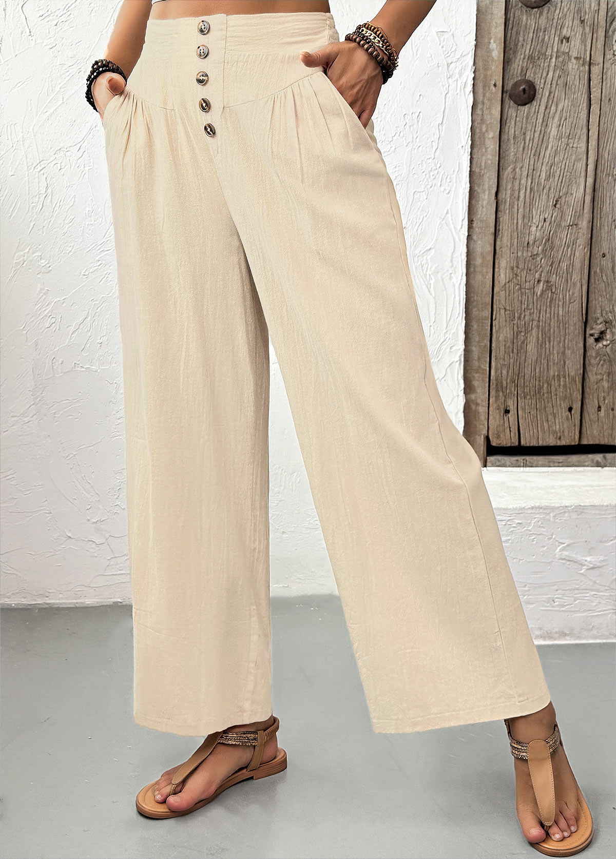 Light Camel bottoms,Plain Color bottoms,Light Camel Straight Leg Elastic Waist High Waisted Pants
