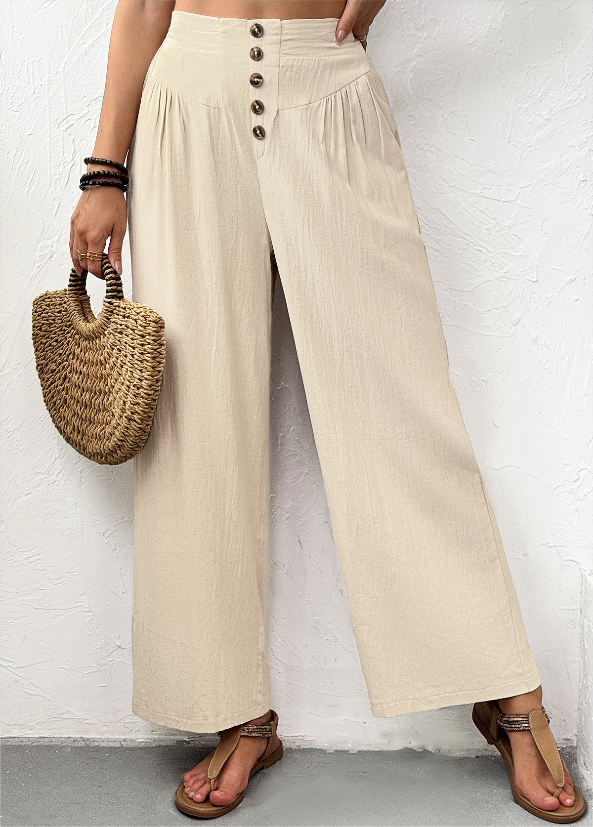 Light Camel bottoms,Plain Color bottoms,Light Camel Straight Leg Elastic Waist High Waisted Pants