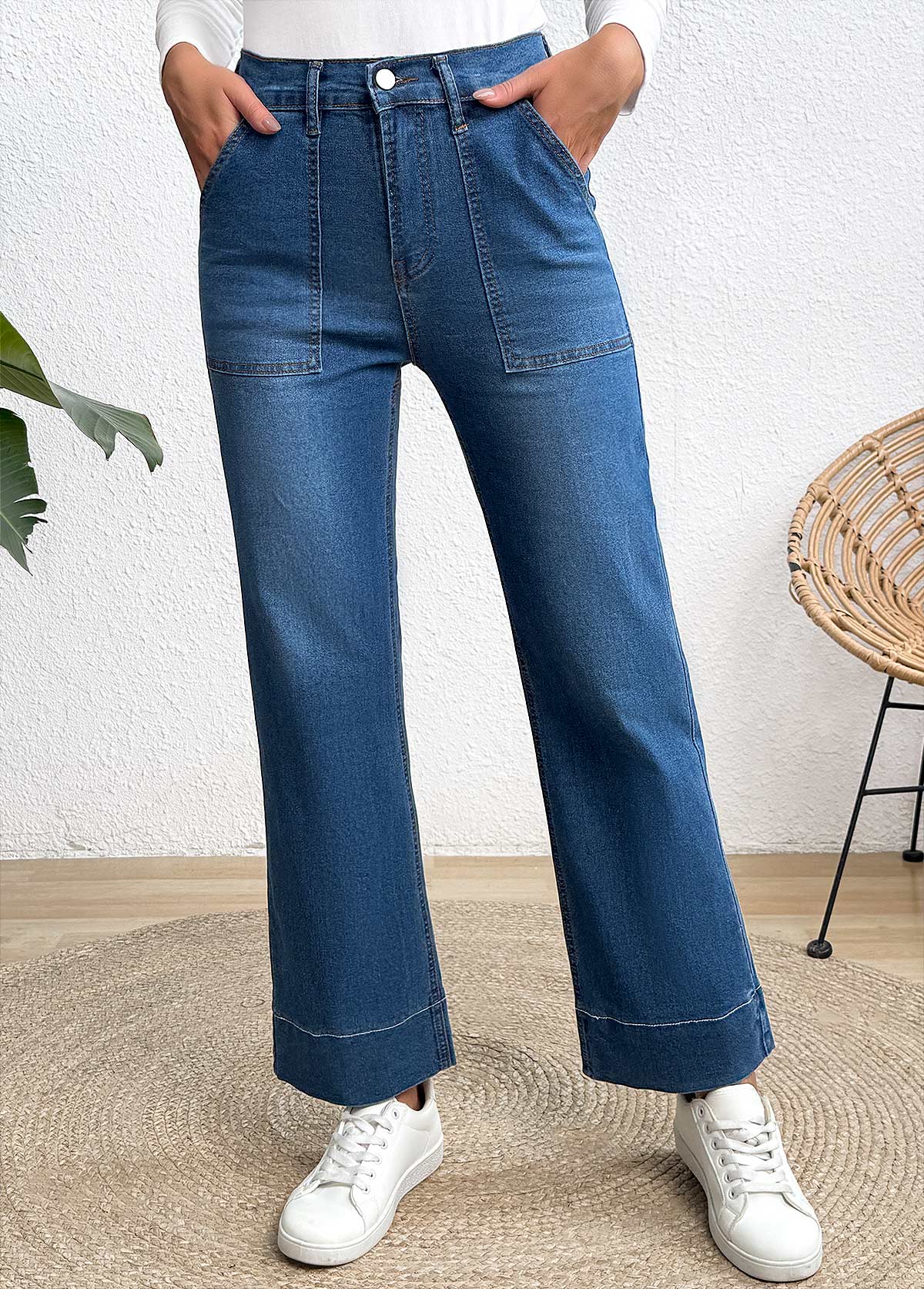 Denim Blue bottoms,Plain Color bottoms,Pocket Denim Blue Wide Leg Button Fly Jeans
