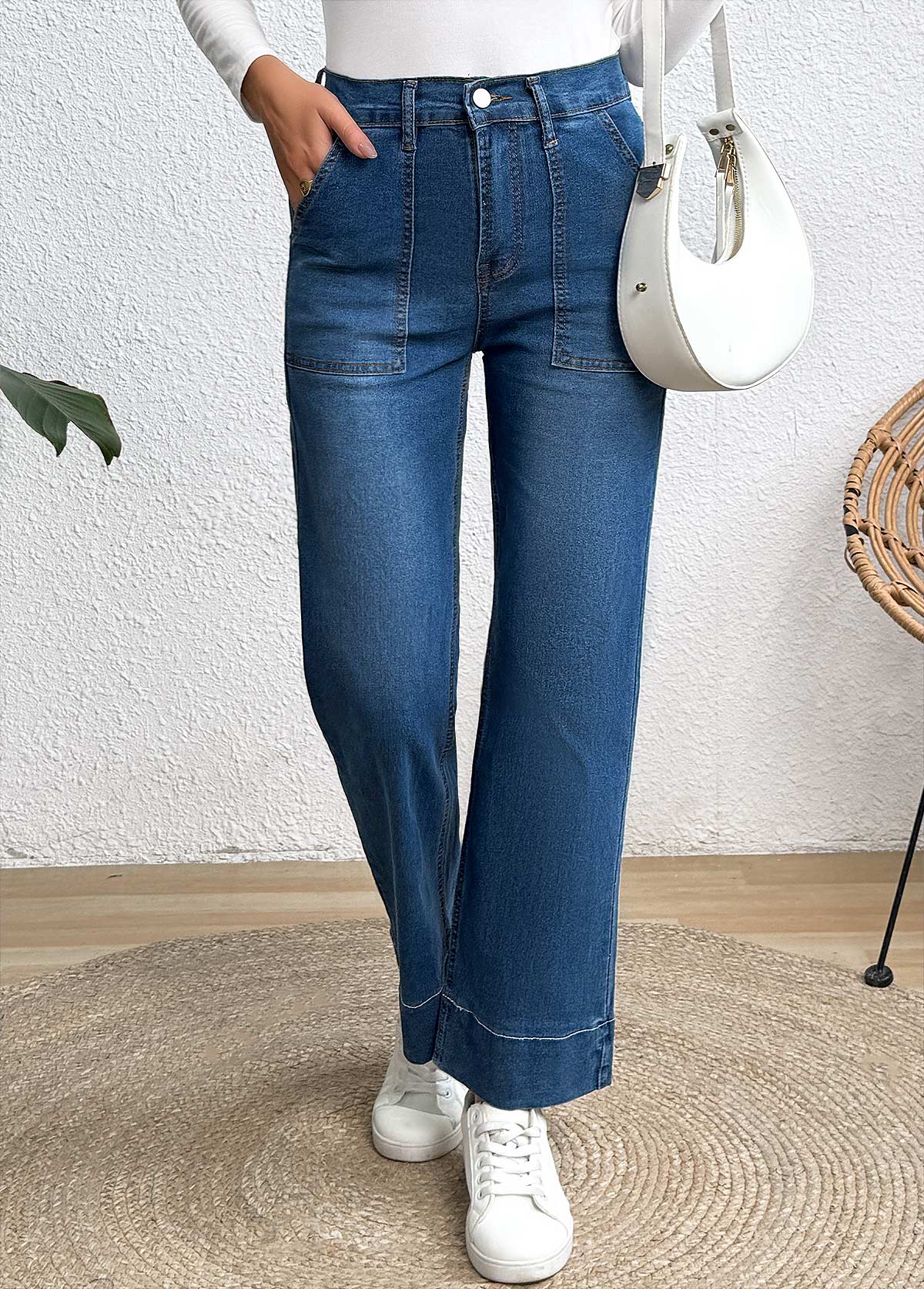 Denim Blue bottoms,Plain Color bottoms,Pocket Denim Blue Wide Leg Button Fly Jeans
