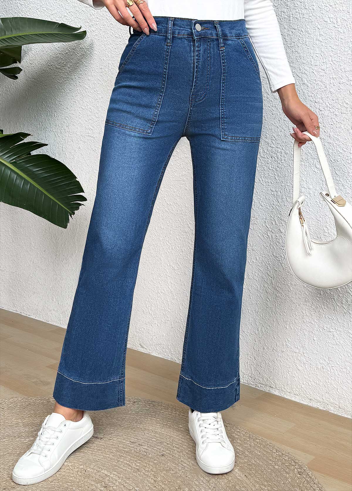 Denim Blue bottoms,Plain Color bottoms,Pocket Denim Blue Wide Leg Button Fly Jeans