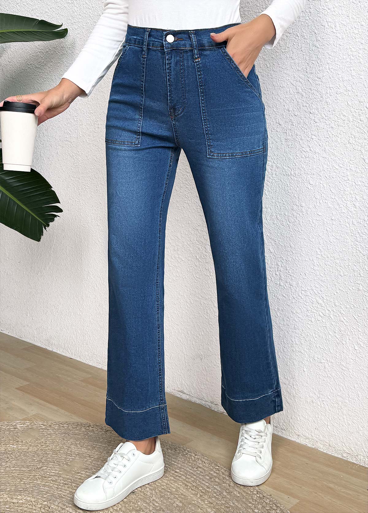 Denim Blue bottoms,Plain Color bottoms,Pocket Denim Blue Wide Leg Button Fly Jeans