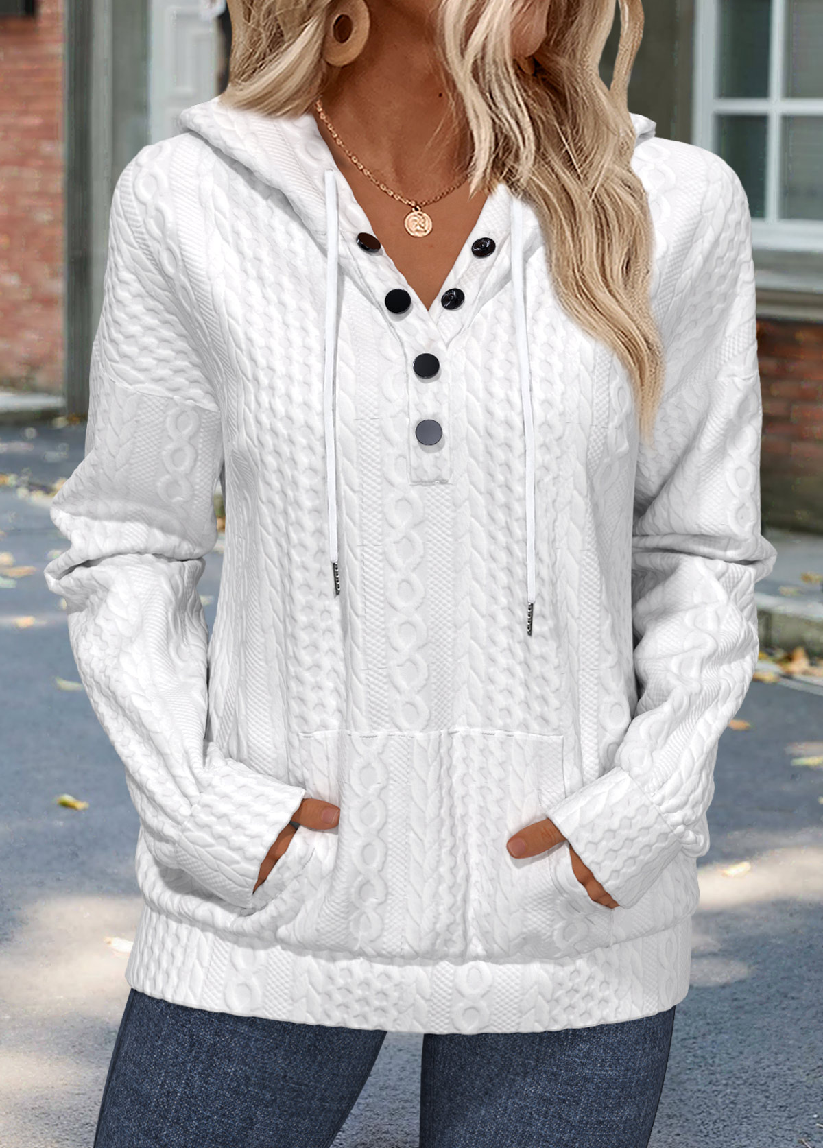 White tops,Plain Color tops,ROTITA Tummy Coverage White Long Sleeve Hoodie