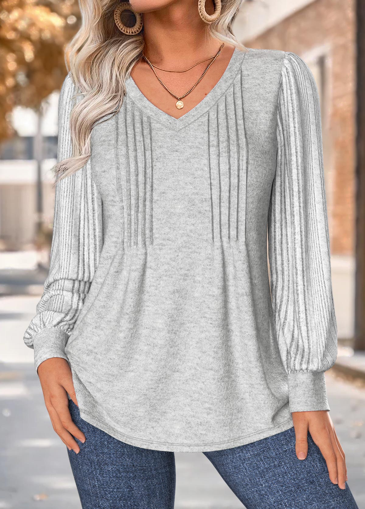 Light Grey Marl tops,Plain Color tops,ROTITA Tuck Stitch Light Grey Marl V Neck T Shirt