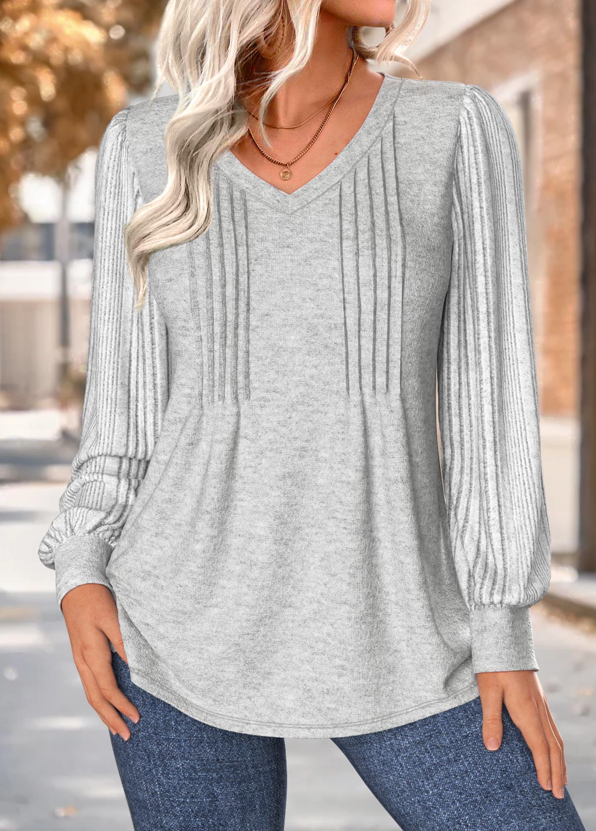 Light Grey Marl tops,Plain Color tops,ROTITA Tuck Stitch Light Grey Marl V Neck T Shirt