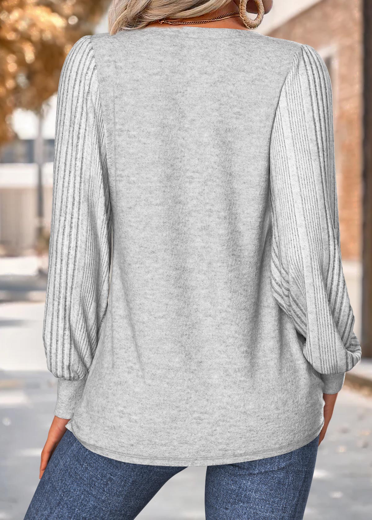 Light Grey Marl tops,Plain Color tops,ROTITA Tuck Stitch Light Grey Marl V Neck T Shirt