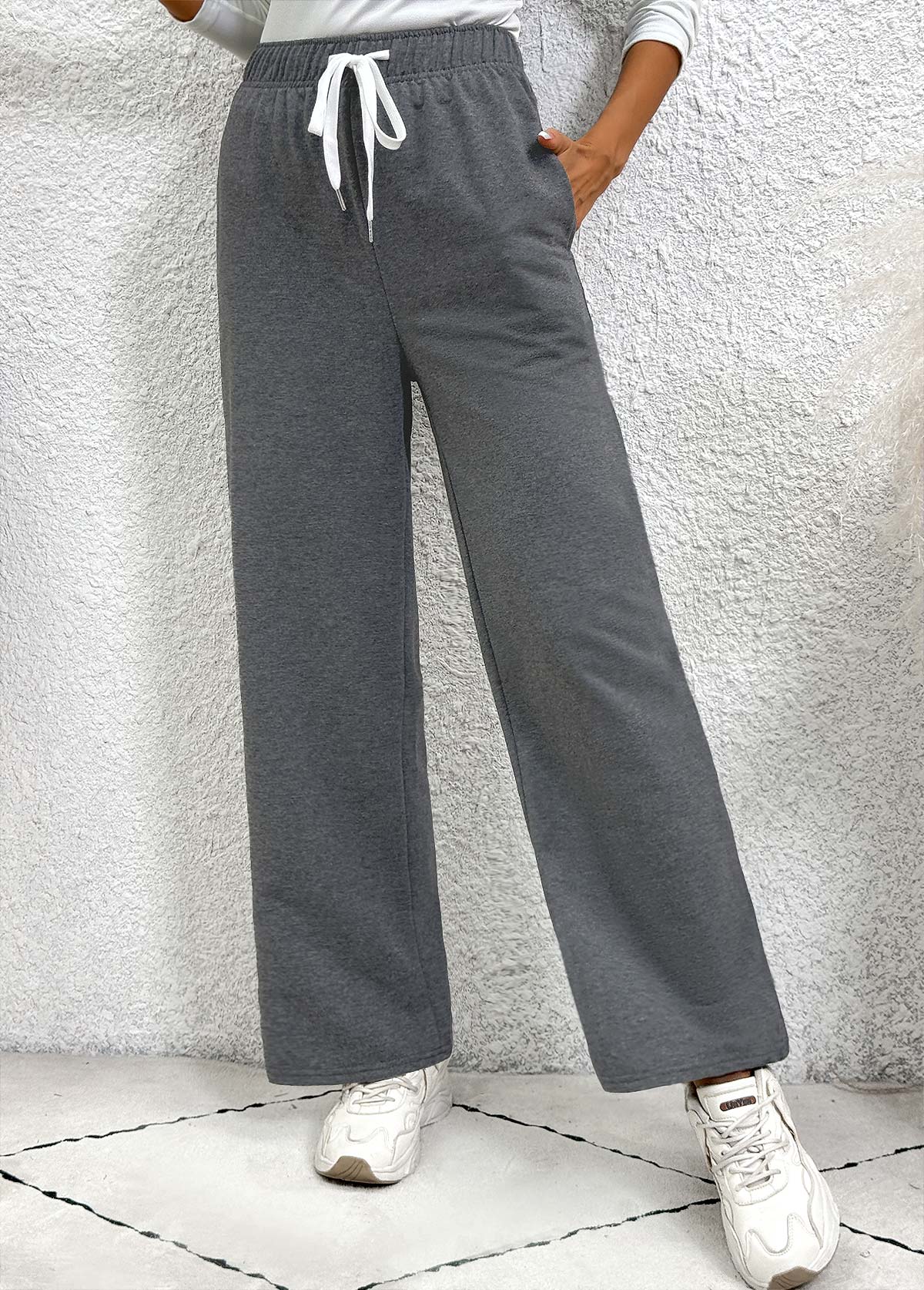 Dark Grey bottoms,Plain Color bottoms,Pocket Dark Grey Straight Leg Elastic Waist Pants