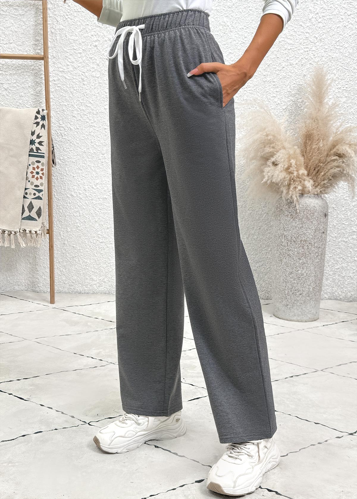 Dark Grey bottoms,Plain Color bottoms,Pocket Dark Grey Straight Leg Elastic Waist Pants