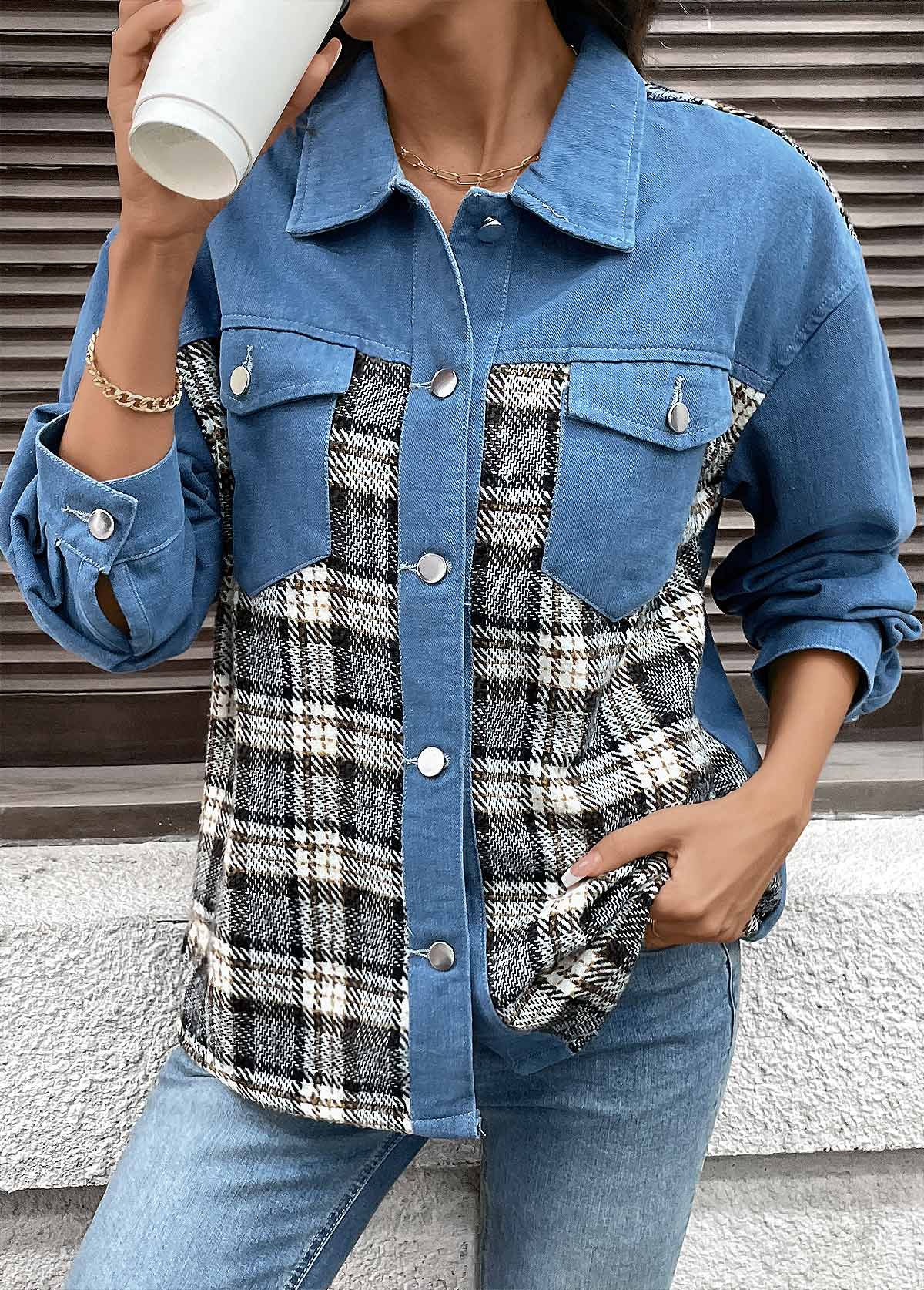 Denim Blue tops,Plaid tops,Geometric tops,Tummy Coverage Plaid Denim Blue Turn Down Collar Coat