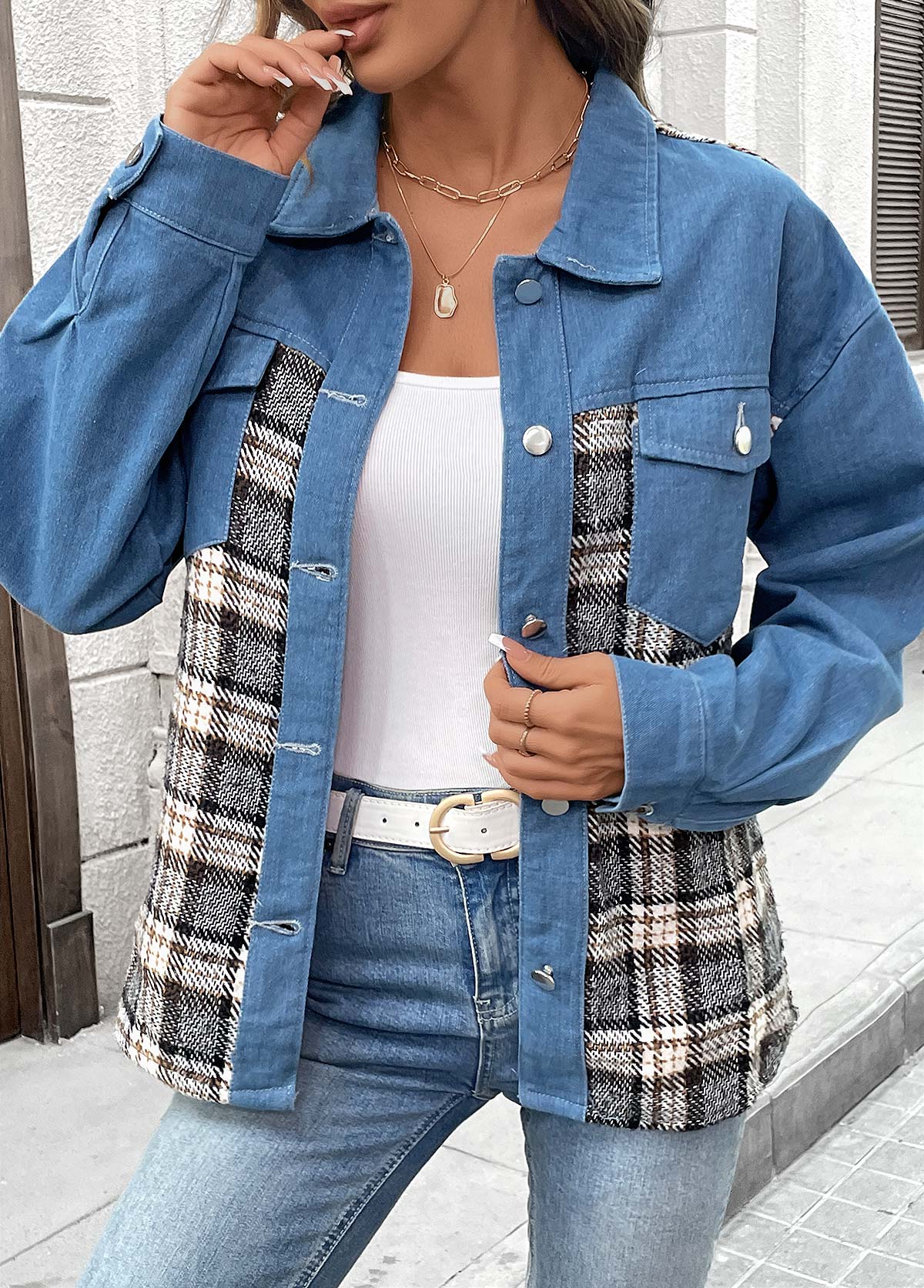 Denim Blue tops,Plaid tops,Geometric tops,Tummy Coverage Plaid Denim Blue Turn Down Collar Coat