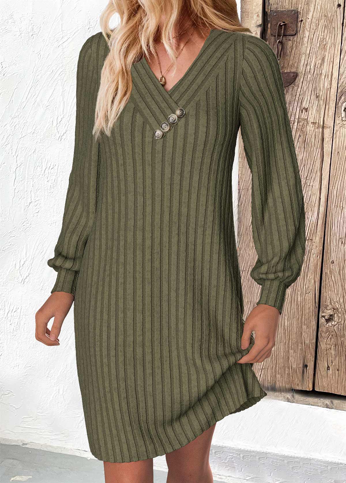 Olive Green dresses,Plain Color dresses,Everyday dresses,Casual dresses,ROTITA Olive Green A Line V Neck Long Sleeve Dress