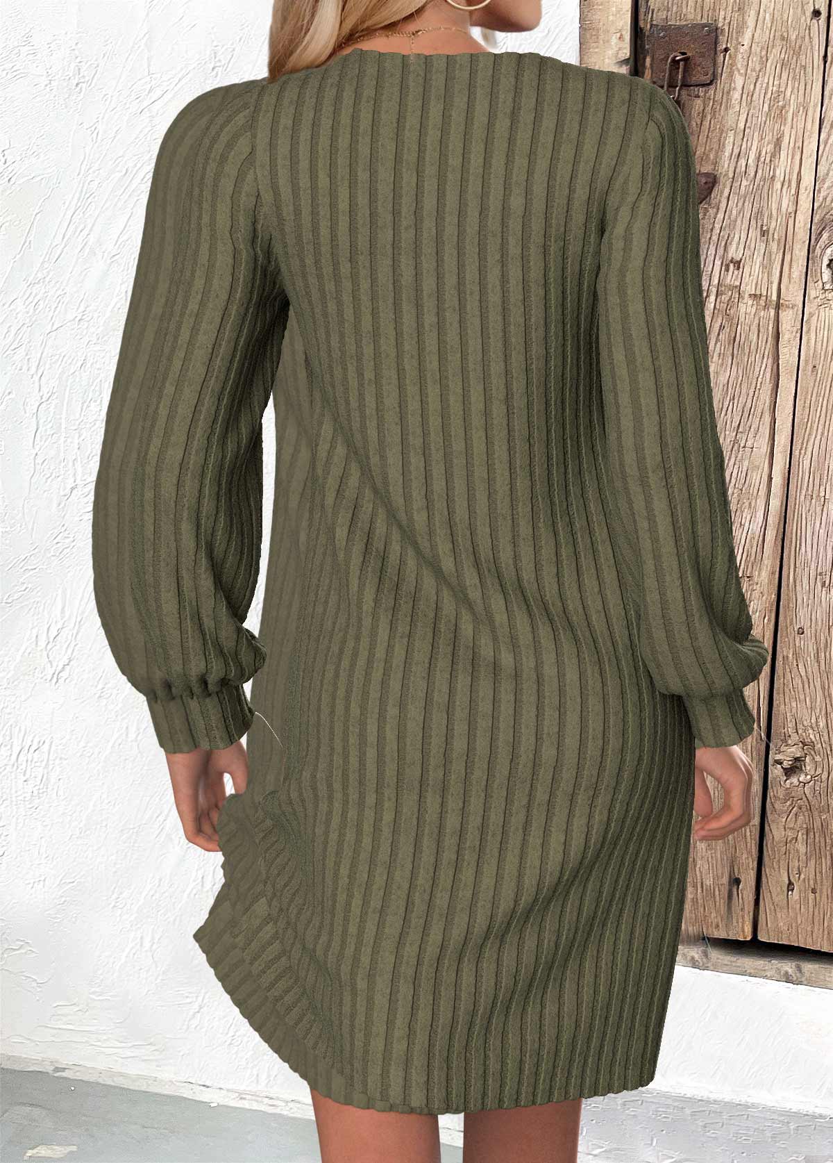 Olive Green dresses,Plain Color dresses,Everyday dresses,Casual dresses,ROTITA Olive Green A Line V Neck Long Sleeve Dress