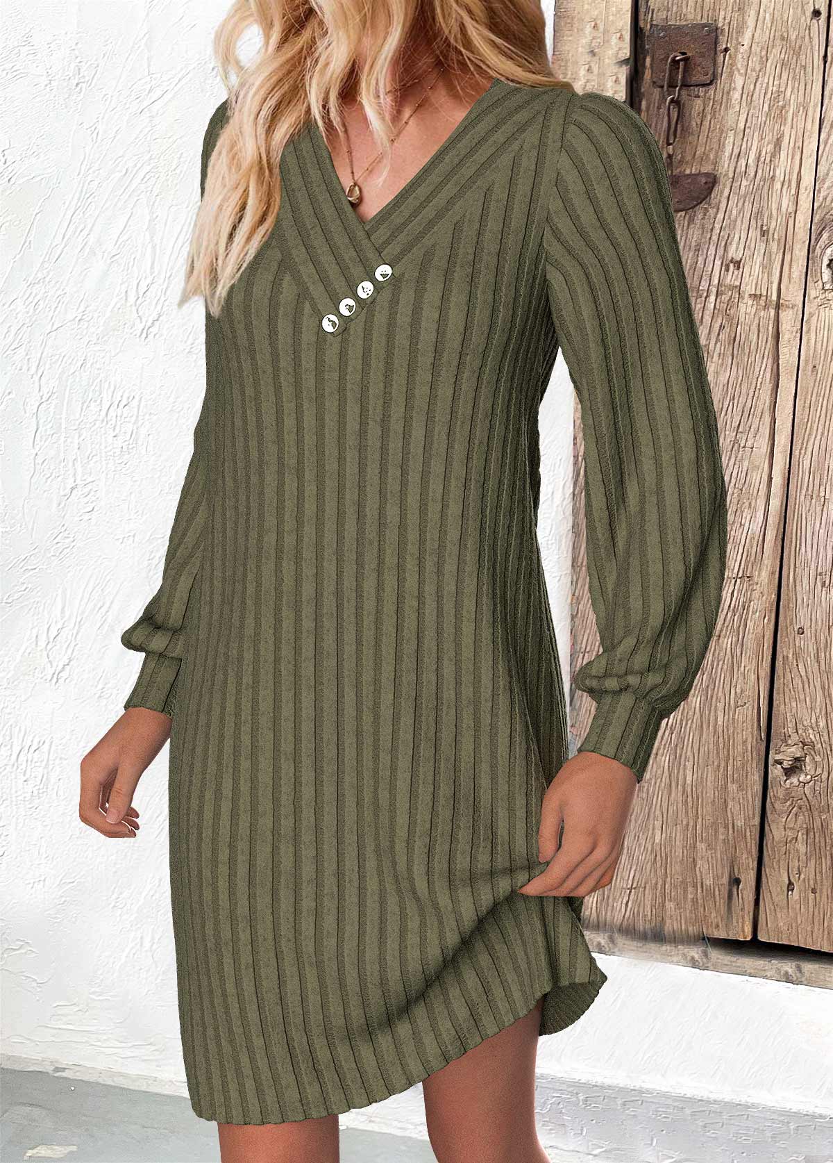 Olive Green dresses,Plain Color dresses,Everyday dresses,Casual dresses,ROTITA Olive Green A Line V Neck Long Sleeve Dress