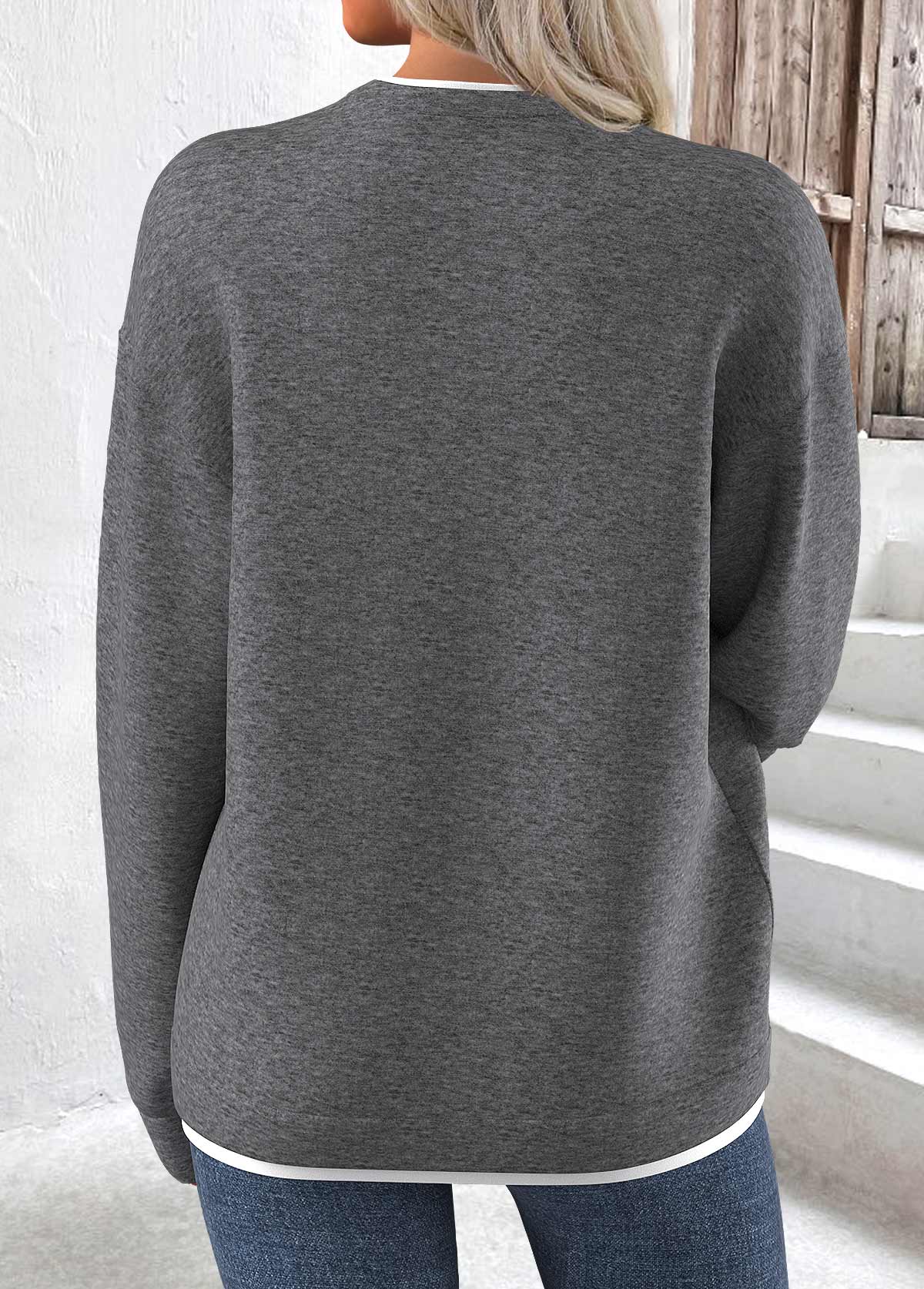 Grey tops,Contrast Color tops,ROTITA Fake 2in1 Grey Round Neck Long Sleeve Sweatshirt