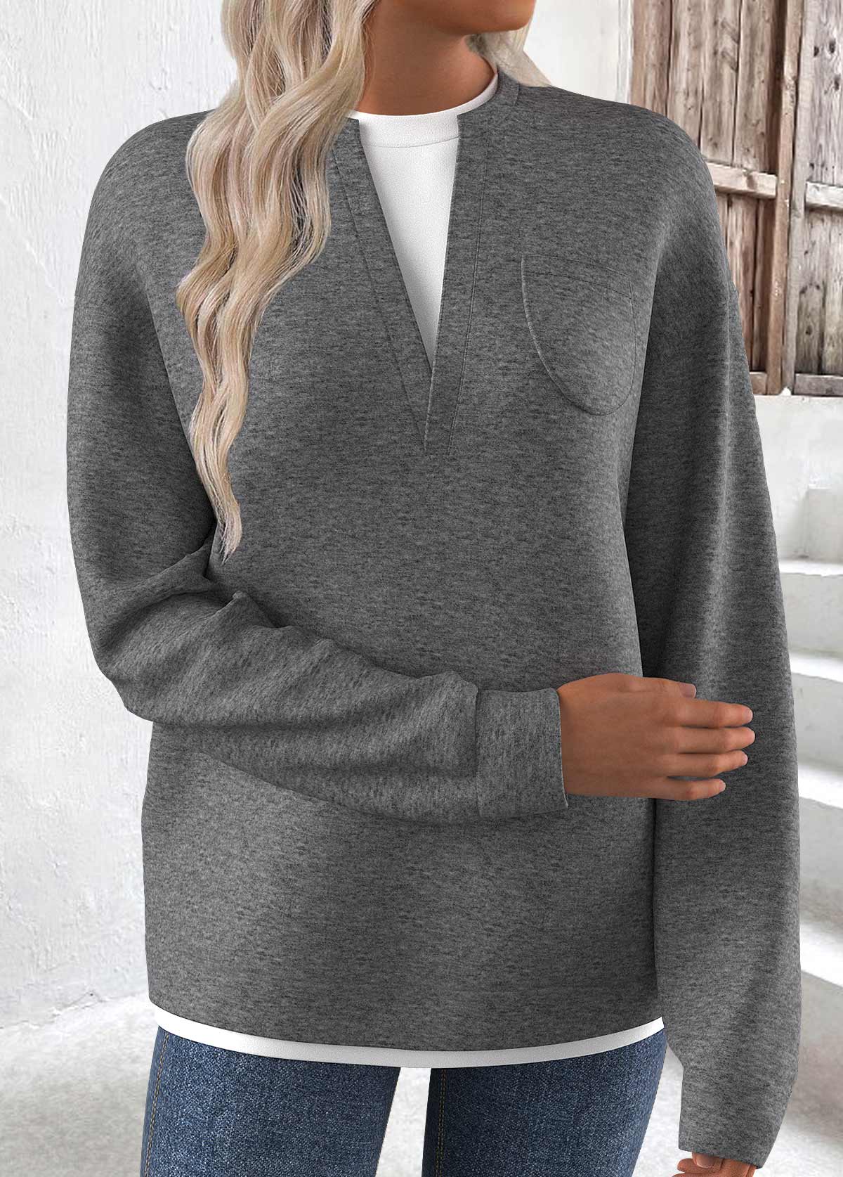 Grey tops,Contrast Color tops,ROTITA Fake 2in1 Grey Round Neck Long Sleeve Sweatshirt