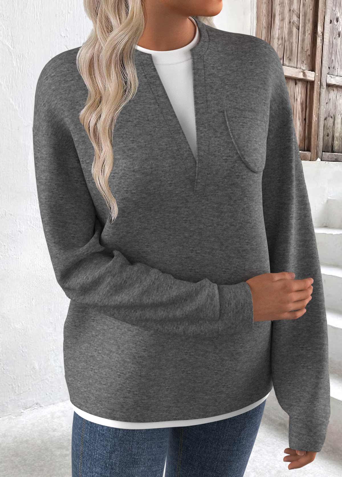 Grey tops,Contrast Color tops,ROTITA Fake 2in1 Grey Round Neck Long Sleeve Sweatshirt