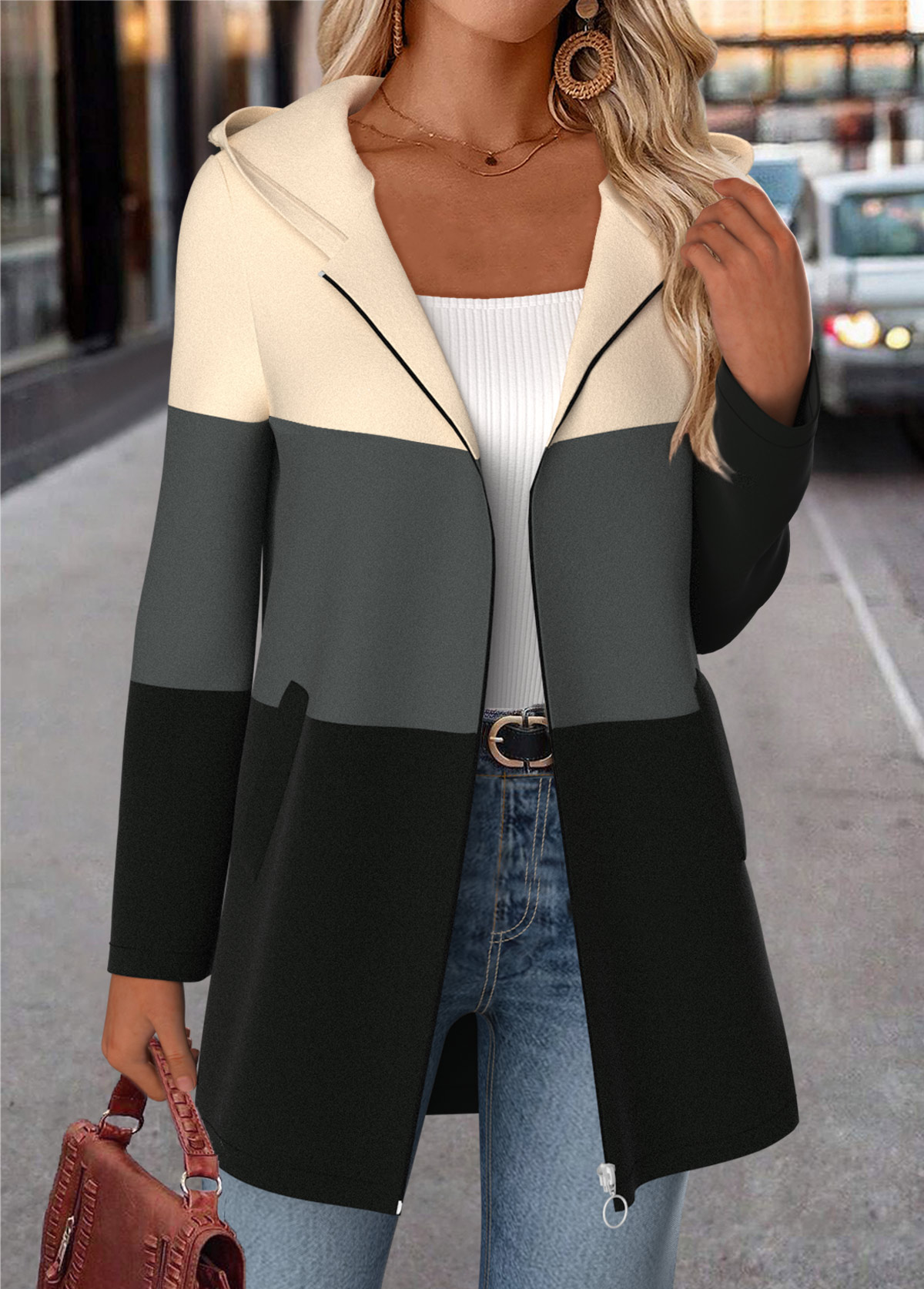 Multi Color tops,Plain Color tops,ROTITA Tummy Coverage Multi Color Hooded Long Sleeve Coat