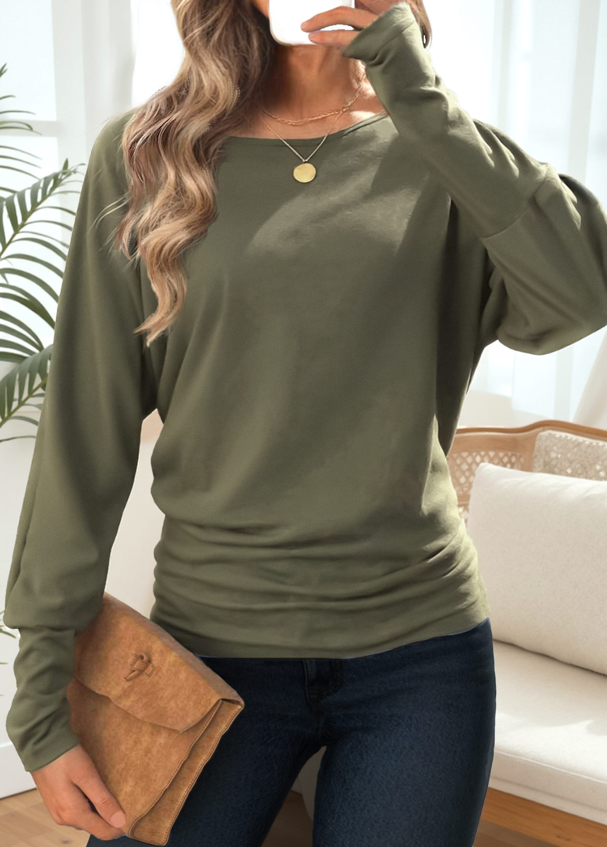 Olive Green tops,Plain Color tops,ROTITA Tummy Coverage Olive Green Round Neck T Shirt