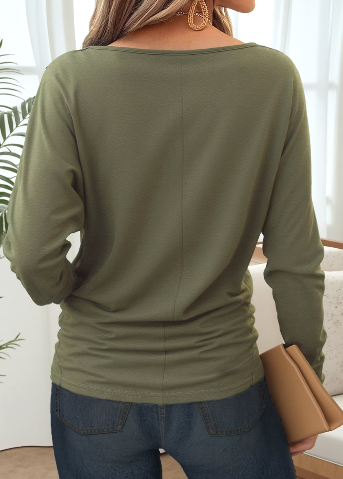 Olive Green tops,Plain Color tops,ROTITA Tummy Coverage Olive Green Round Neck T Shirt