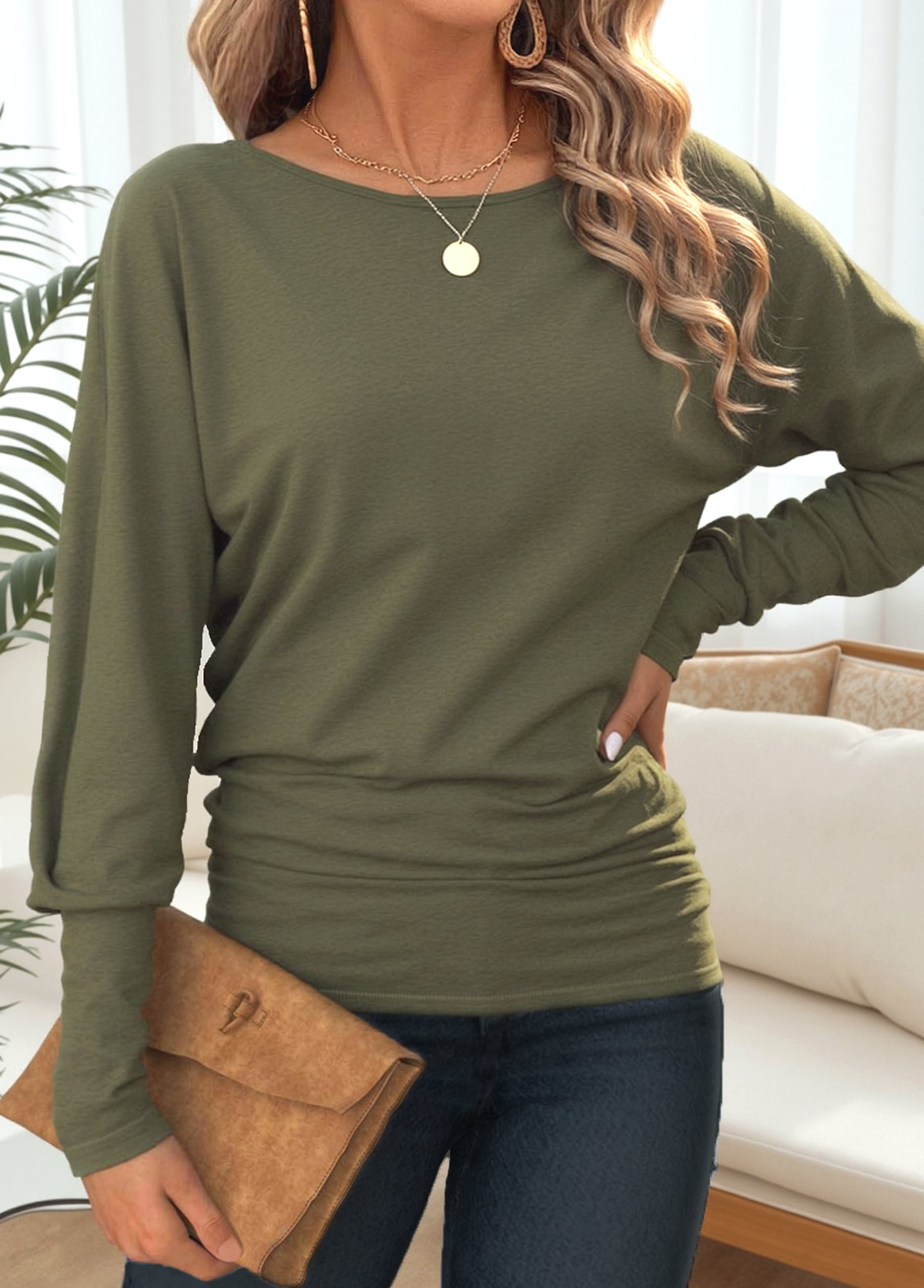 Olive Green tops,Plain Color tops,ROTITA Tummy Coverage Olive Green Round Neck T Shirt