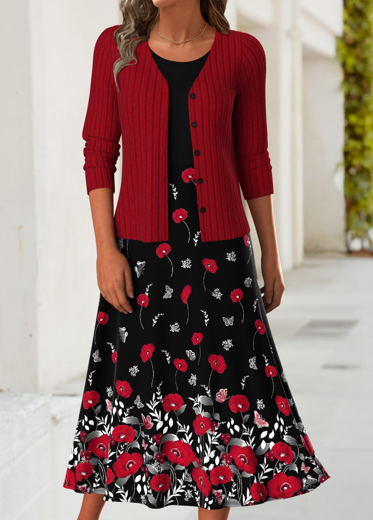Red dresses,Floral dresses,Plants dresses,Everyday dresses,Casual dresses,ROTITA Tummy Coverage Floral Print Red Dress and Cardigan