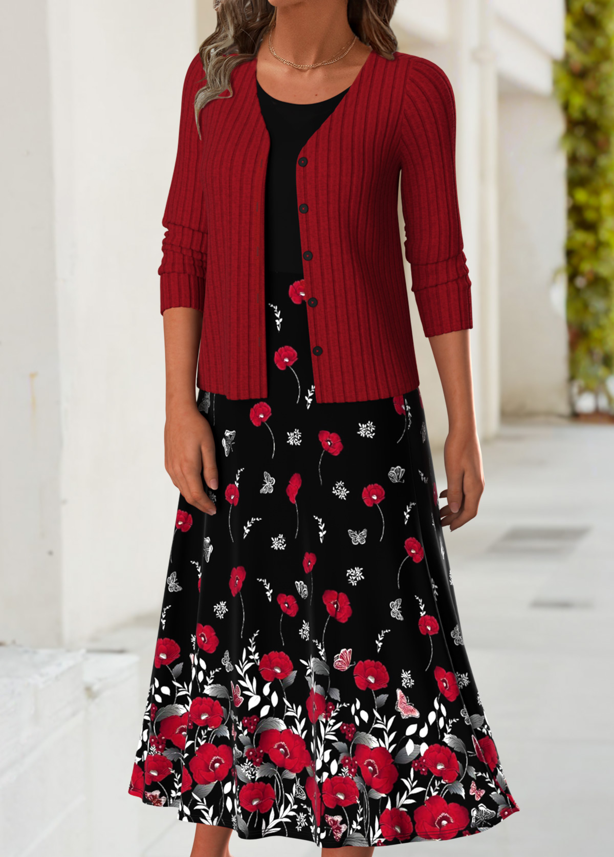 Red dresses,Floral dresses,Plants dresses,Everyday dresses,Casual dresses,ROTITA Tummy Coverage Floral Print Red Dress and Cardigan