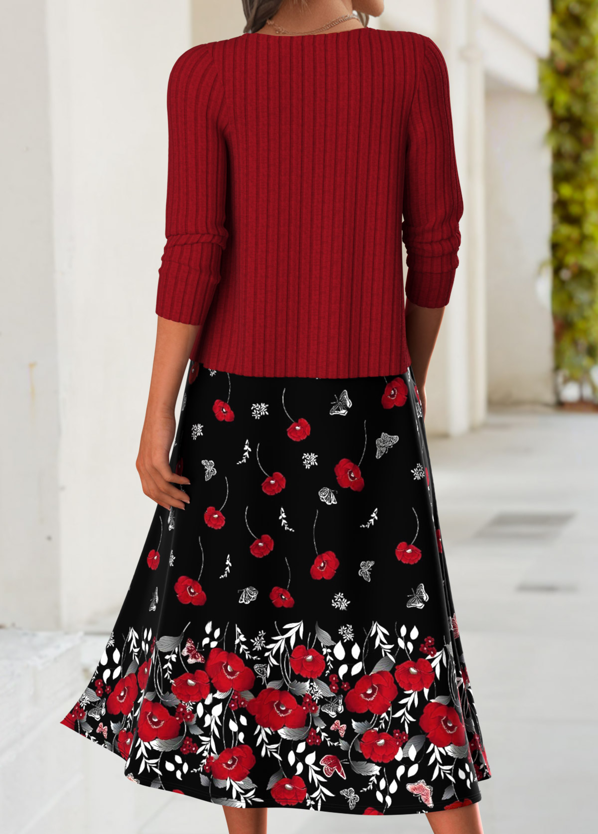 Red dresses,Floral dresses,Plants dresses,Everyday dresses,Casual dresses,ROTITA Tummy Coverage Floral Print Red Dress and Cardigan