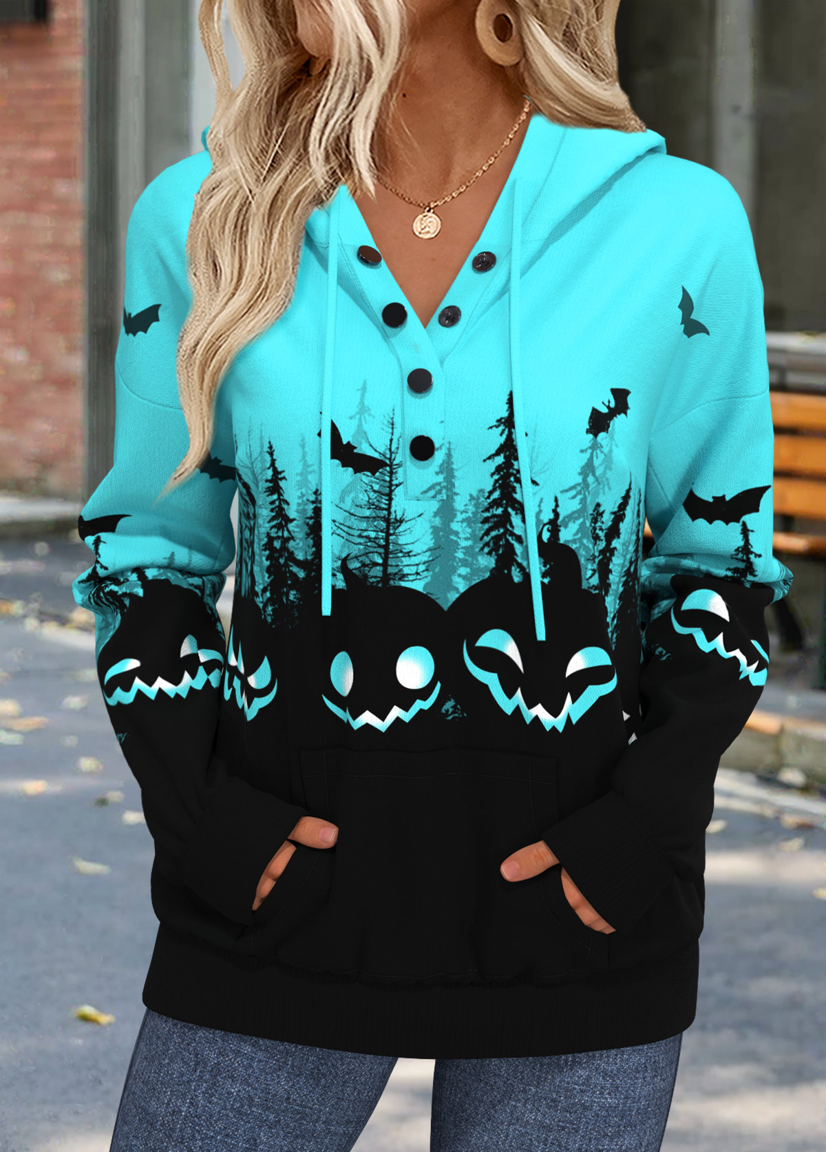 Cyan tops,Black tops,Halloween tops,ROTITA Halloween Tummy Coverage Cyan Long Sleeve Hoodie