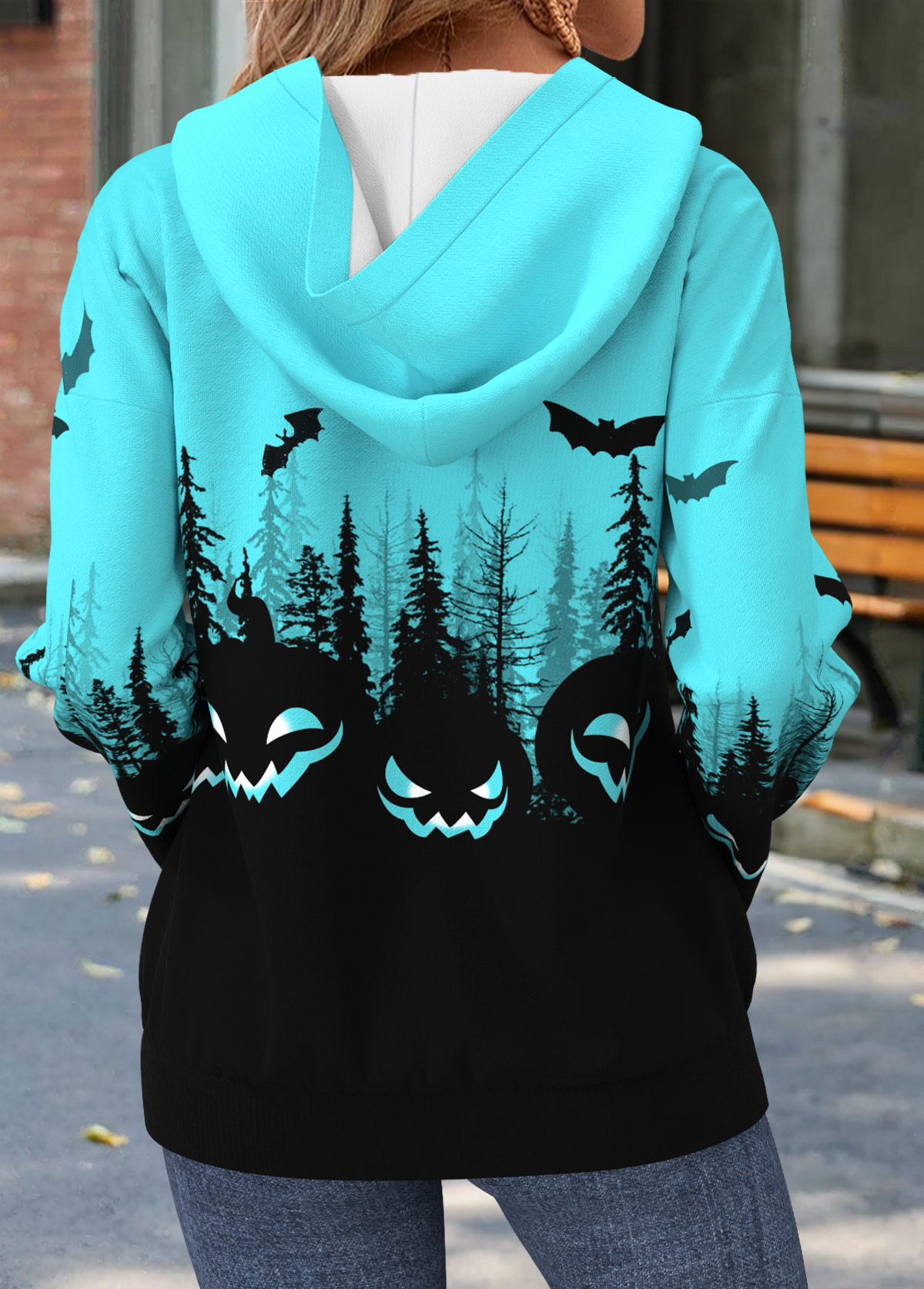 Cyan tops,Black tops,Halloween tops,ROTITA Halloween Tummy Coverage Cyan Long Sleeve Hoodie