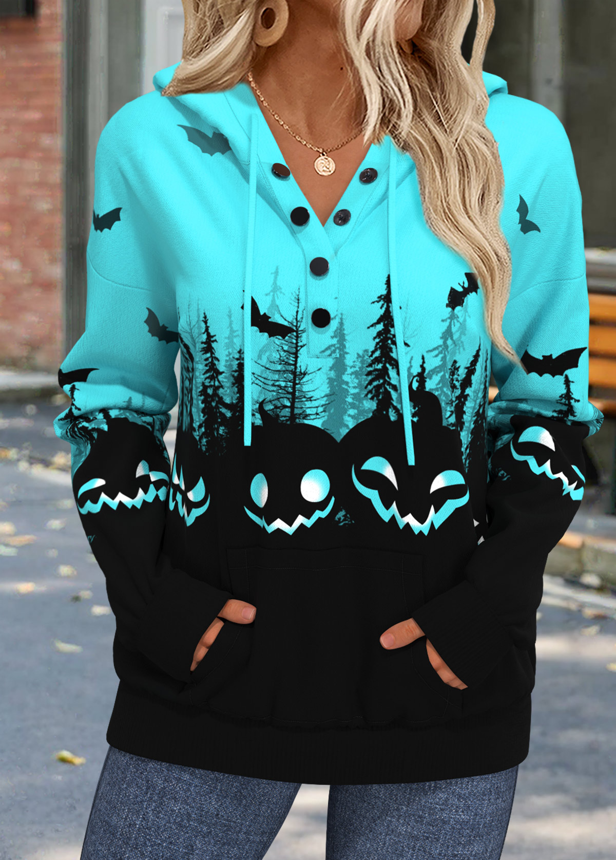 Cyan tops,Black tops,Halloween tops,ROTITA Halloween Tummy Coverage Cyan Long Sleeve Hoodie