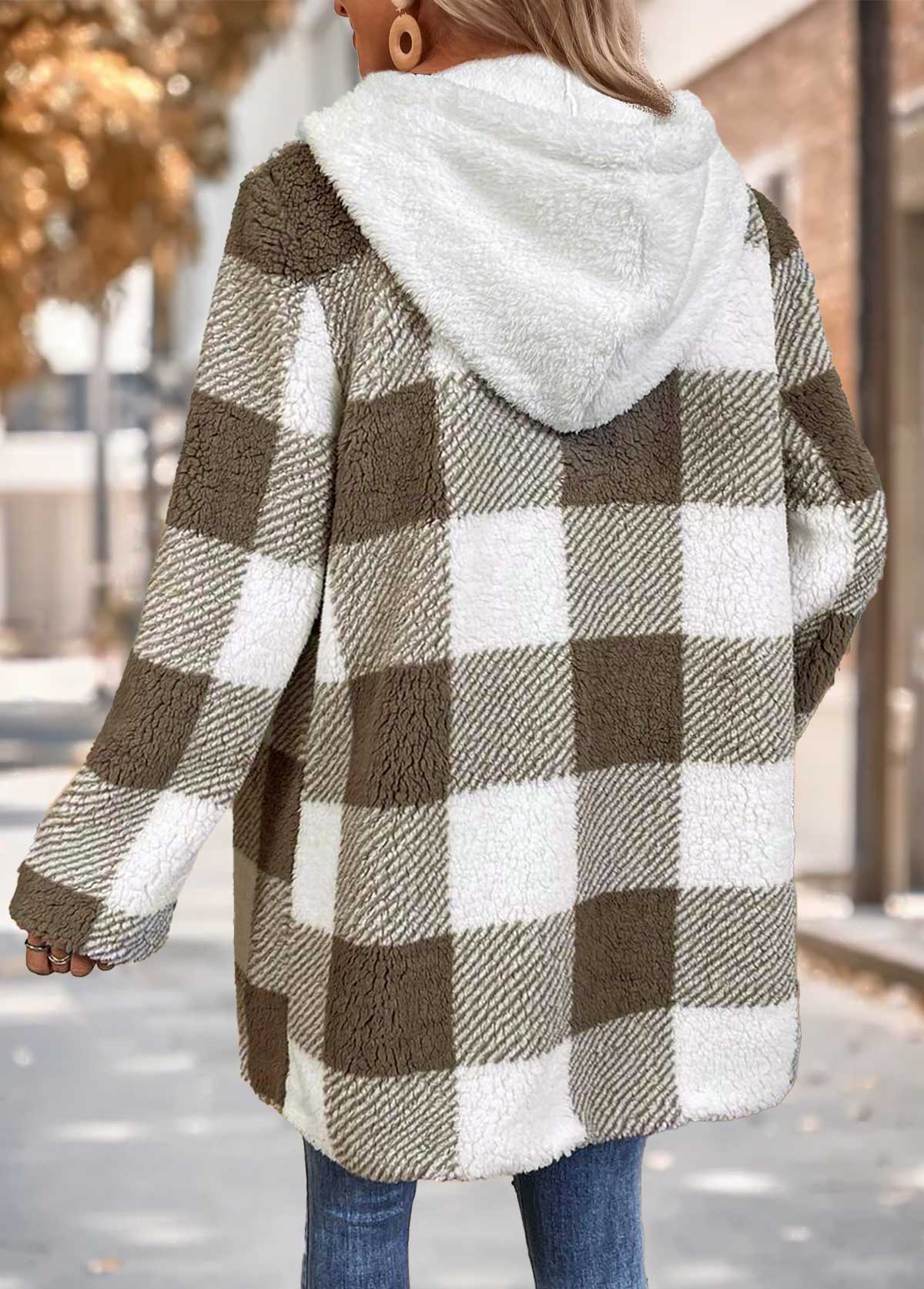 Gray Brown tops,Plaid tops,Geometric tops,ROTITA Tummy Coverage Plaid Gray Brown Hooded Long Sleeve Coat