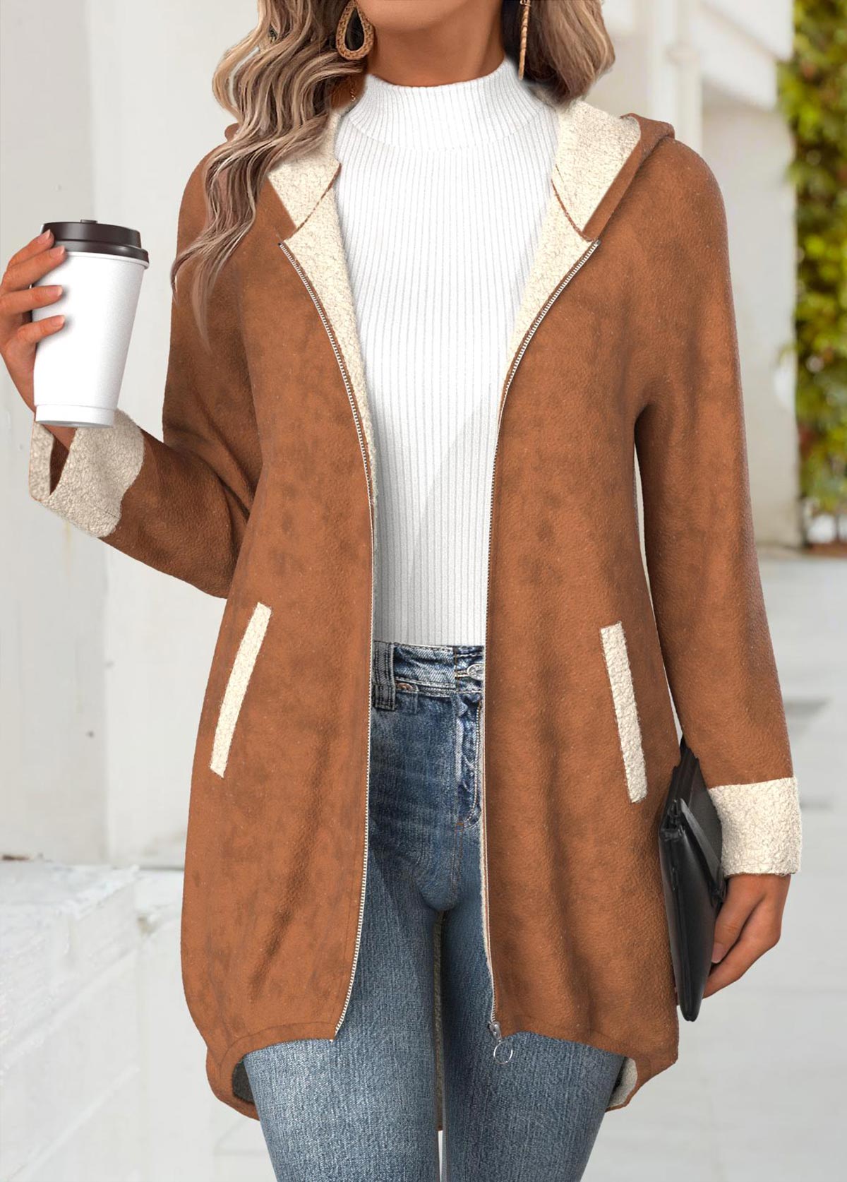 Dark Coffee tops,Plain Color tops,ROTITA Tummy Coverage Dark Coffee Hooded Long Sleeve Coat