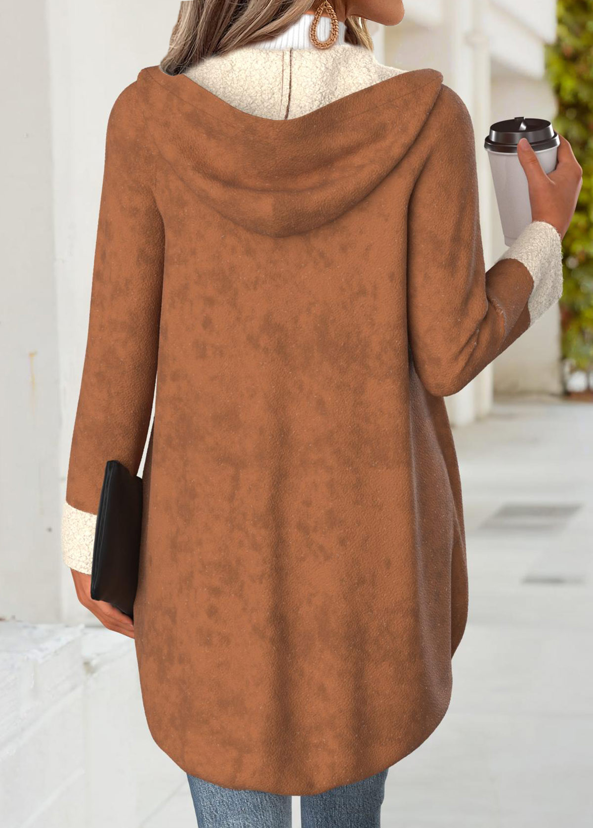 Dark Coffee tops,Plain Color tops,ROTITA Tummy Coverage Dark Coffee Hooded Long Sleeve Coat