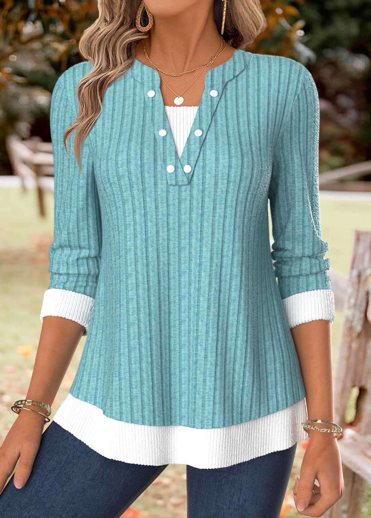 Turquoise tops,Contrast Color tops,ROTITA Tummy Coverage Turquoise Split Neck Long Sleeve T Shirt
