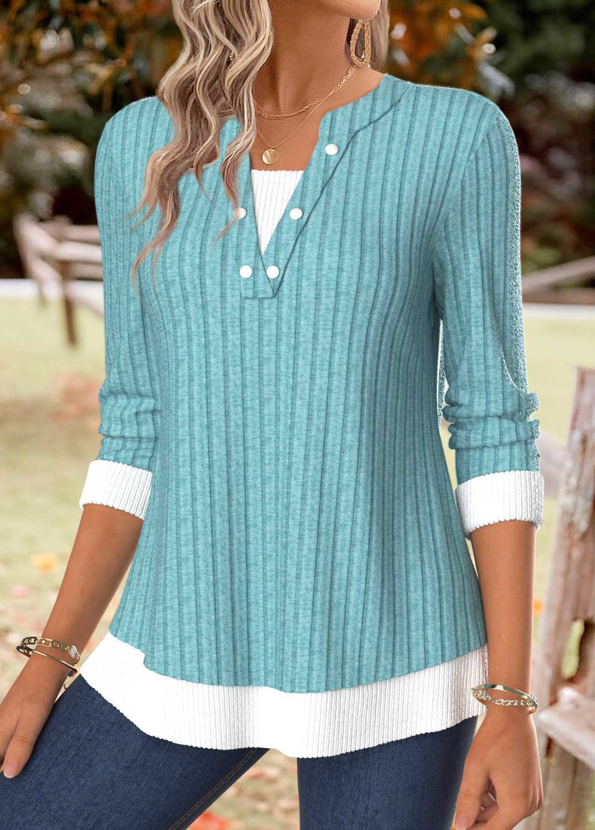 Turquoise tops,Contrast Color tops,ROTITA Tummy Coverage Turquoise Split Neck Long Sleeve T Shirt