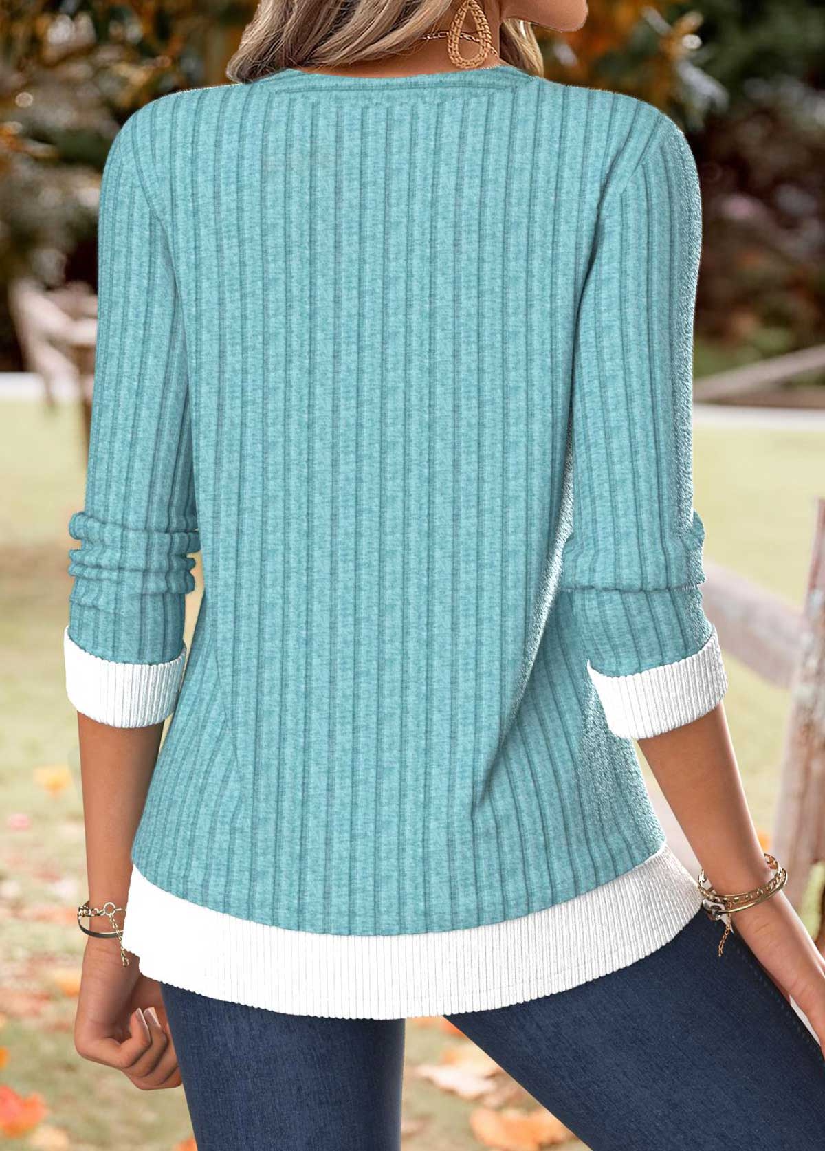 Turquoise tops,Contrast Color tops,ROTITA Tummy Coverage Turquoise Split Neck Long Sleeve T Shirt