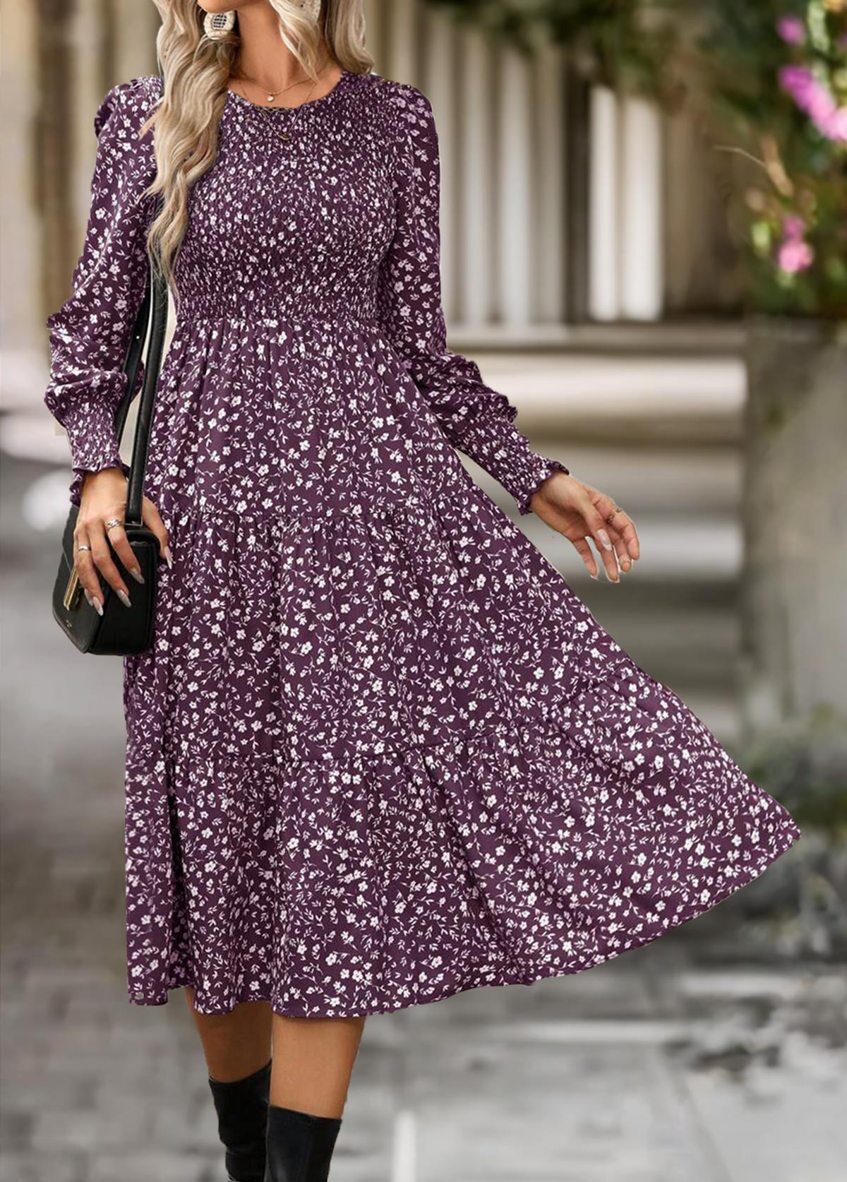 Purple dresses,Ditsy Floral dresses,Everyday dresses,Casual dresses,ROTITA Tummy Coverage Ditsy Floral Print Purple Round Neck Dress