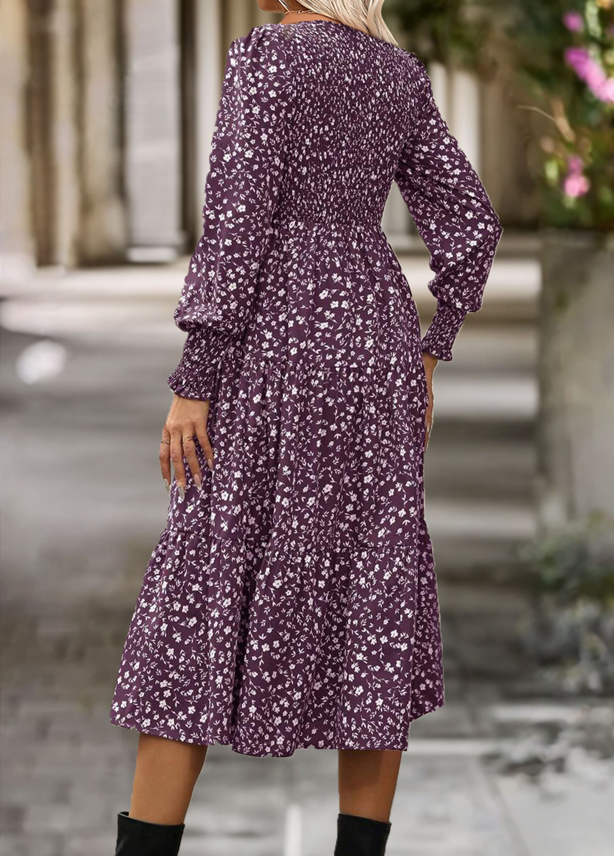 Purple dresses,Ditsy Floral dresses,Everyday dresses,Casual dresses,ROTITA Tummy Coverage Ditsy Floral Print Purple Round Neck Dress