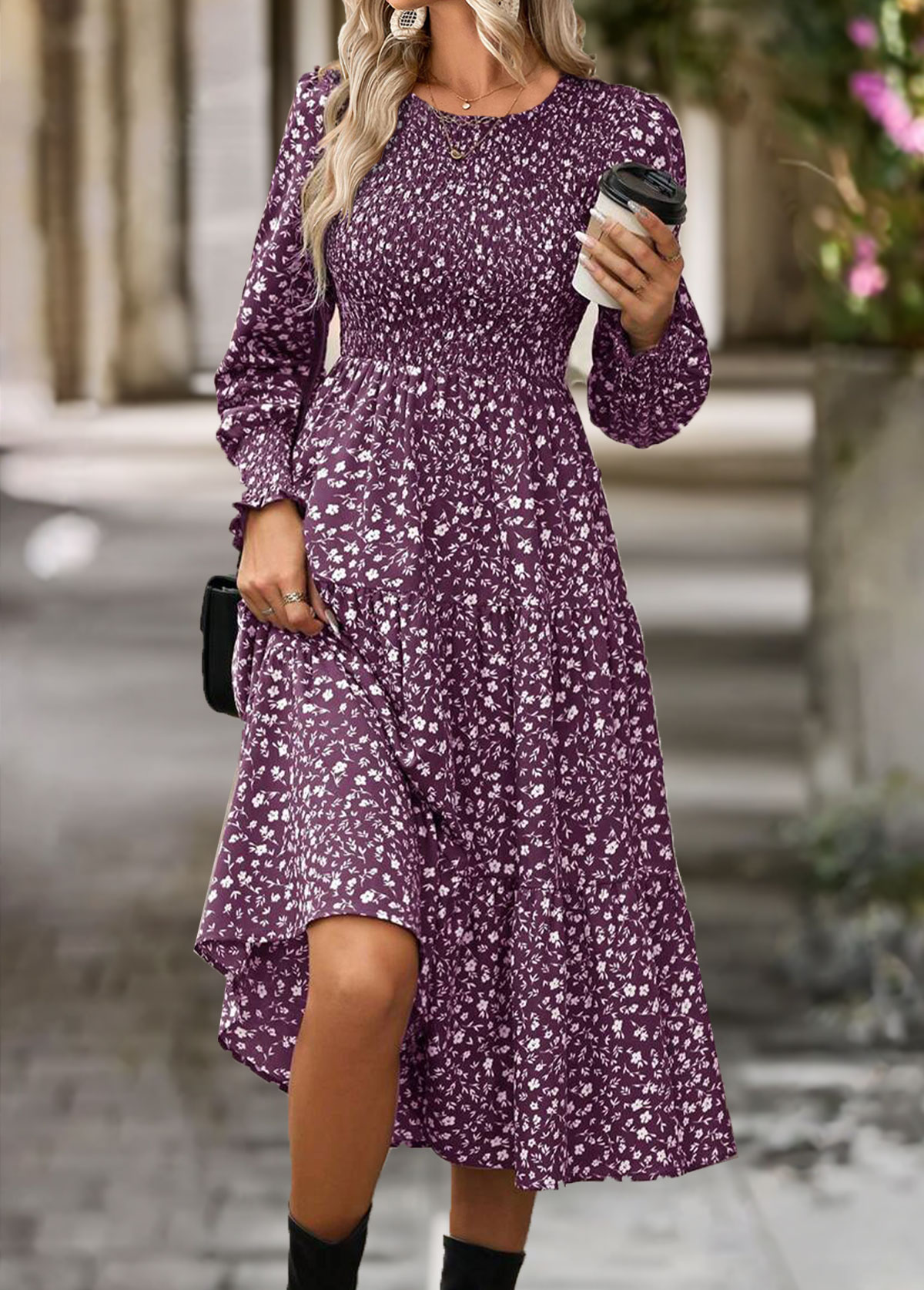 Purple dresses,Ditsy Floral dresses,Everyday dresses,Casual dresses,ROTITA Tummy Coverage Ditsy Floral Print Purple Round Neck Dress