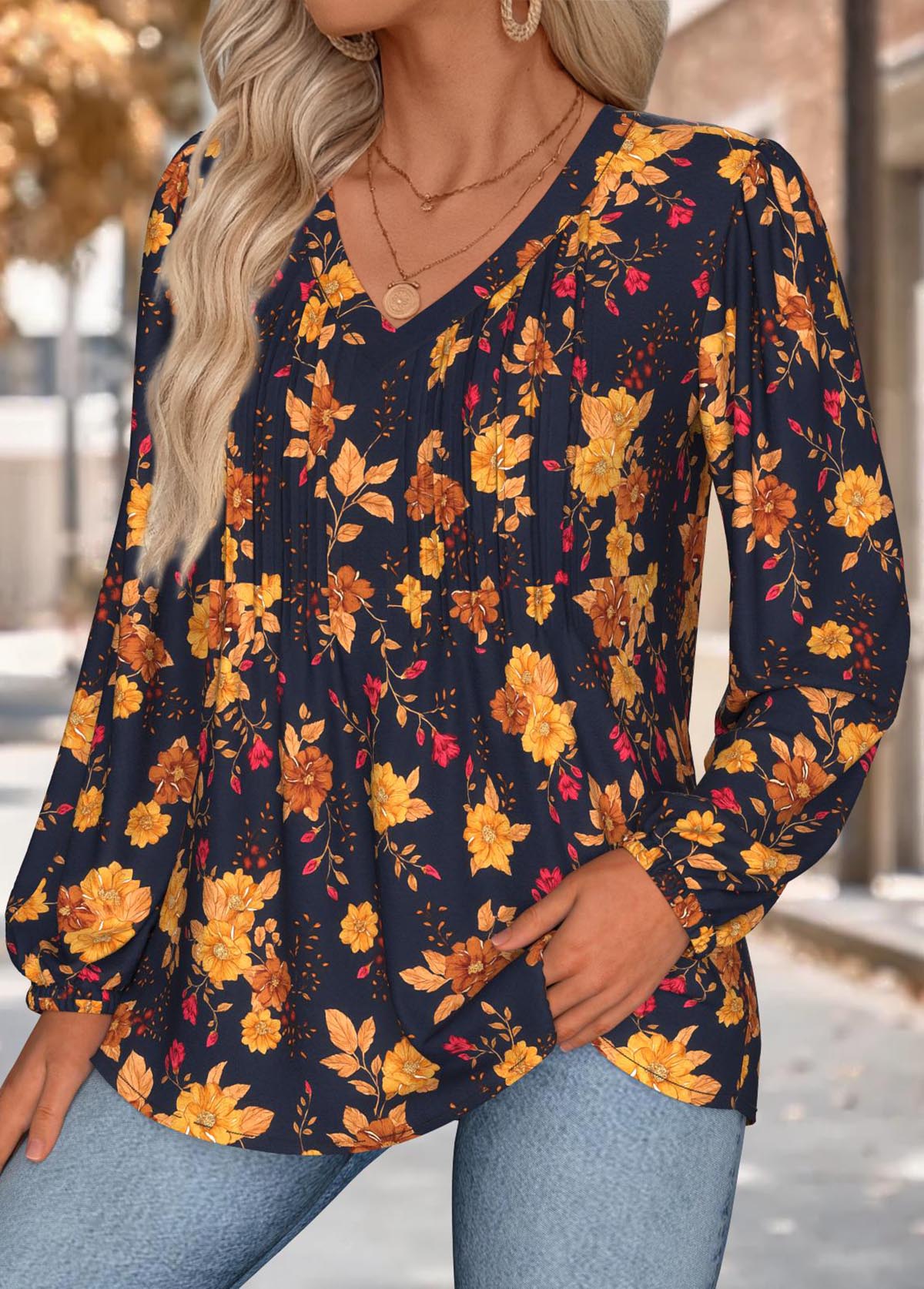 Multi Color tops,Floral tops,Plants tops,ROTITA Tummy Coverage Floral Print Multi Color V Neck Blouse