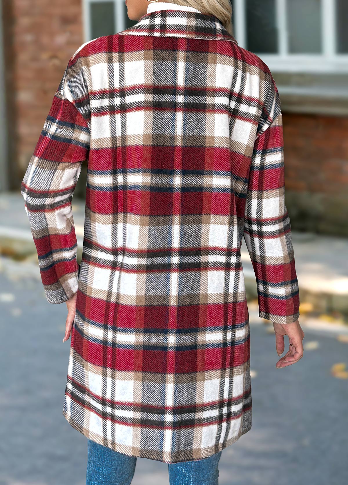 Red tops,Plaid tops,Geometric tops,Tummy Coverage Plaid Red Lapel Long Sleeve Coat