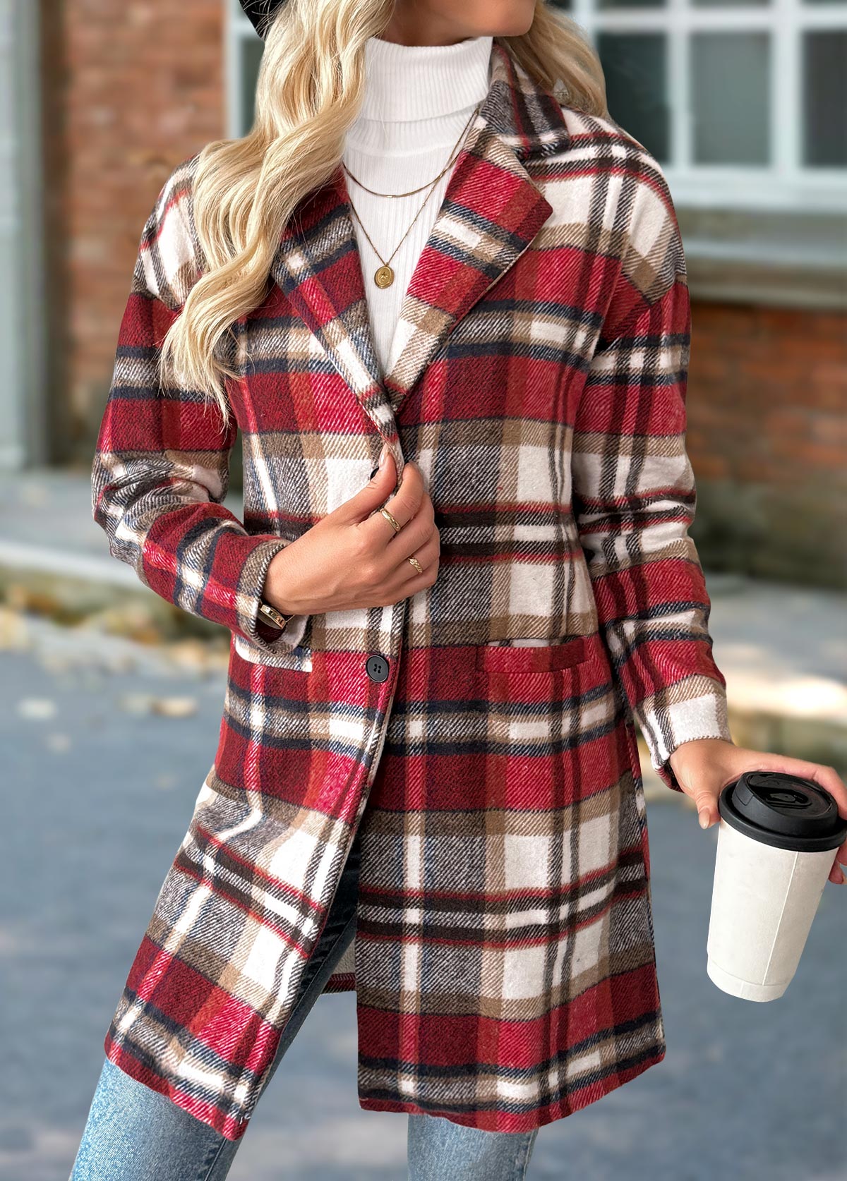 Red tops,Plaid tops,Geometric tops,Tummy Coverage Plaid Red Lapel Long Sleeve Coat