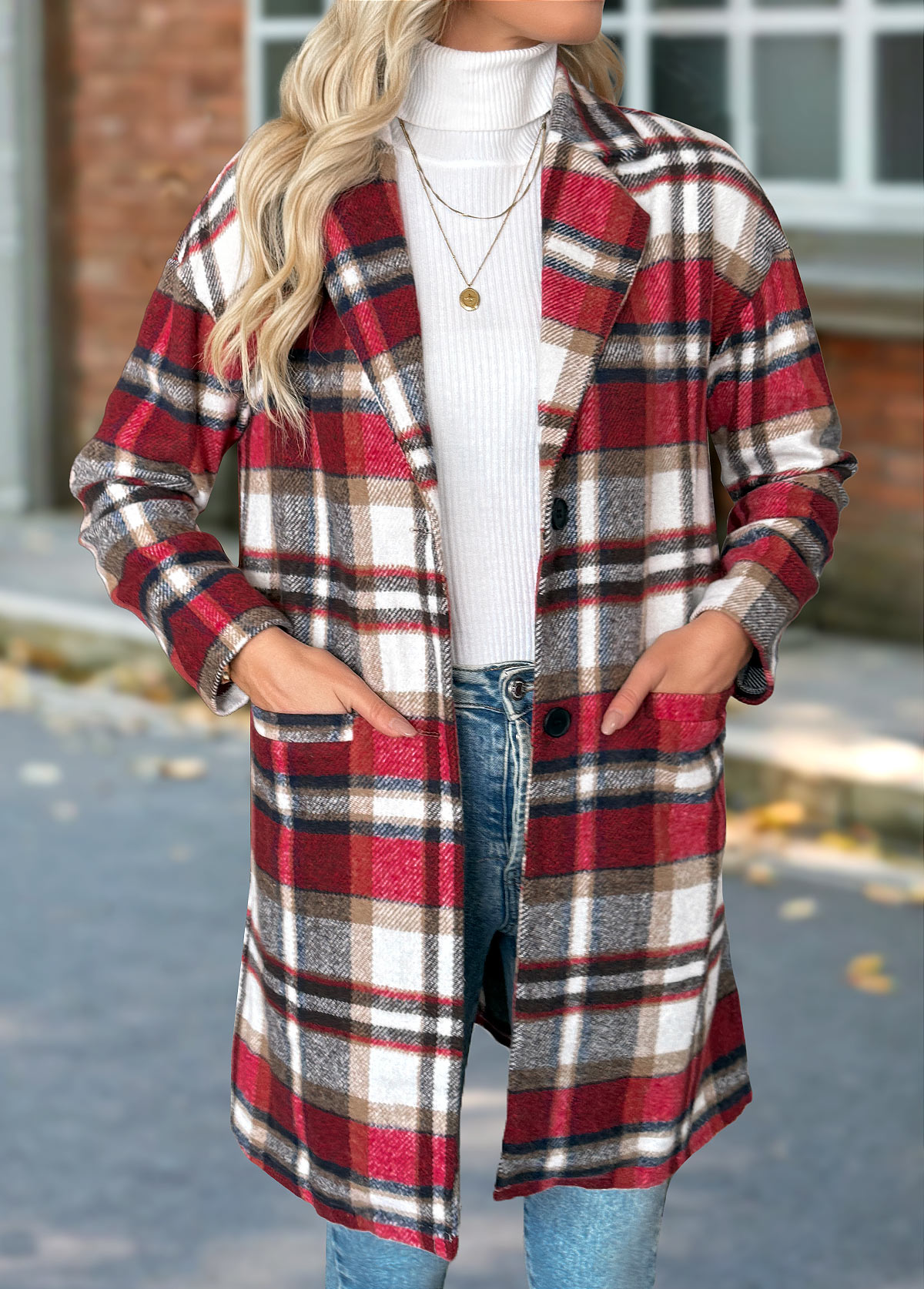 Red tops,Plaid tops,Geometric tops,Tummy Coverage Plaid Red Lapel Long Sleeve Coat