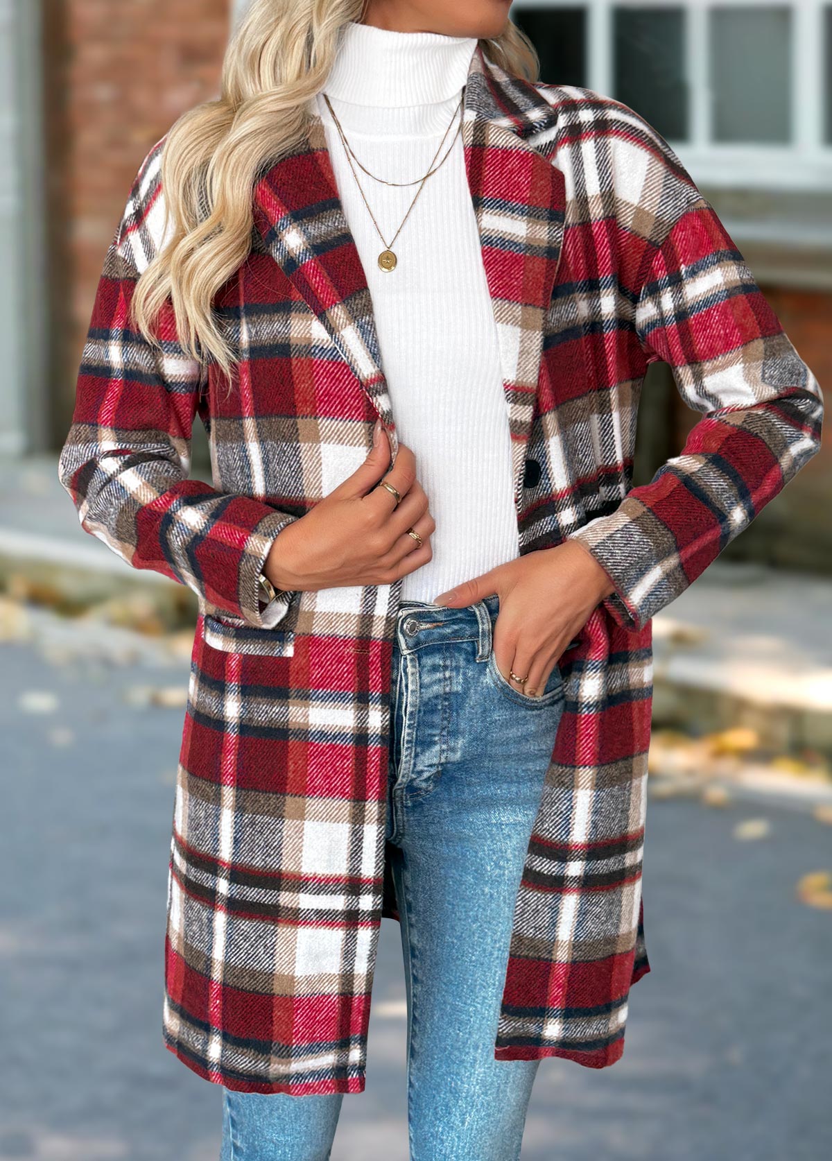 Red tops,Plaid tops,Geometric tops,Tummy Coverage Plaid Red Lapel Long Sleeve Coat