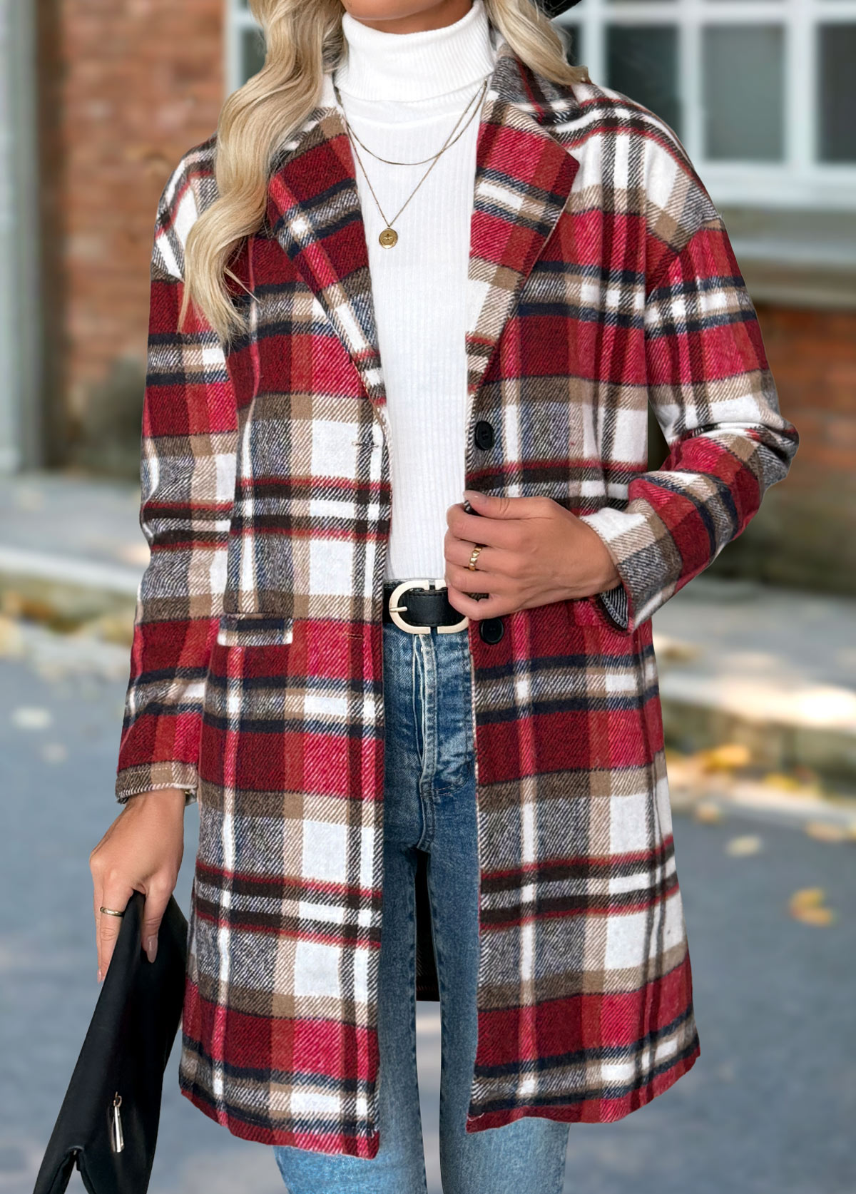 Red tops,Plaid tops,Geometric tops,Tummy Coverage Plaid Red Lapel Long Sleeve Coat